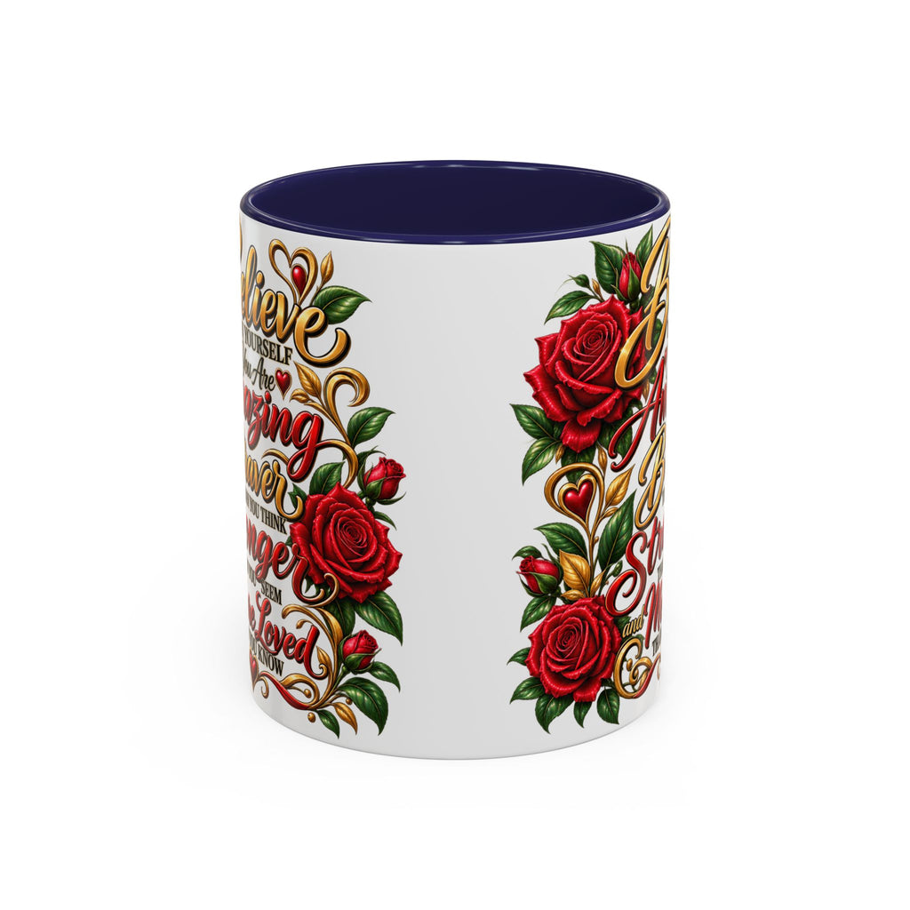 Inspirational Rose Coffee Mug — "Believe in Yourself" Motivational Tea Cup