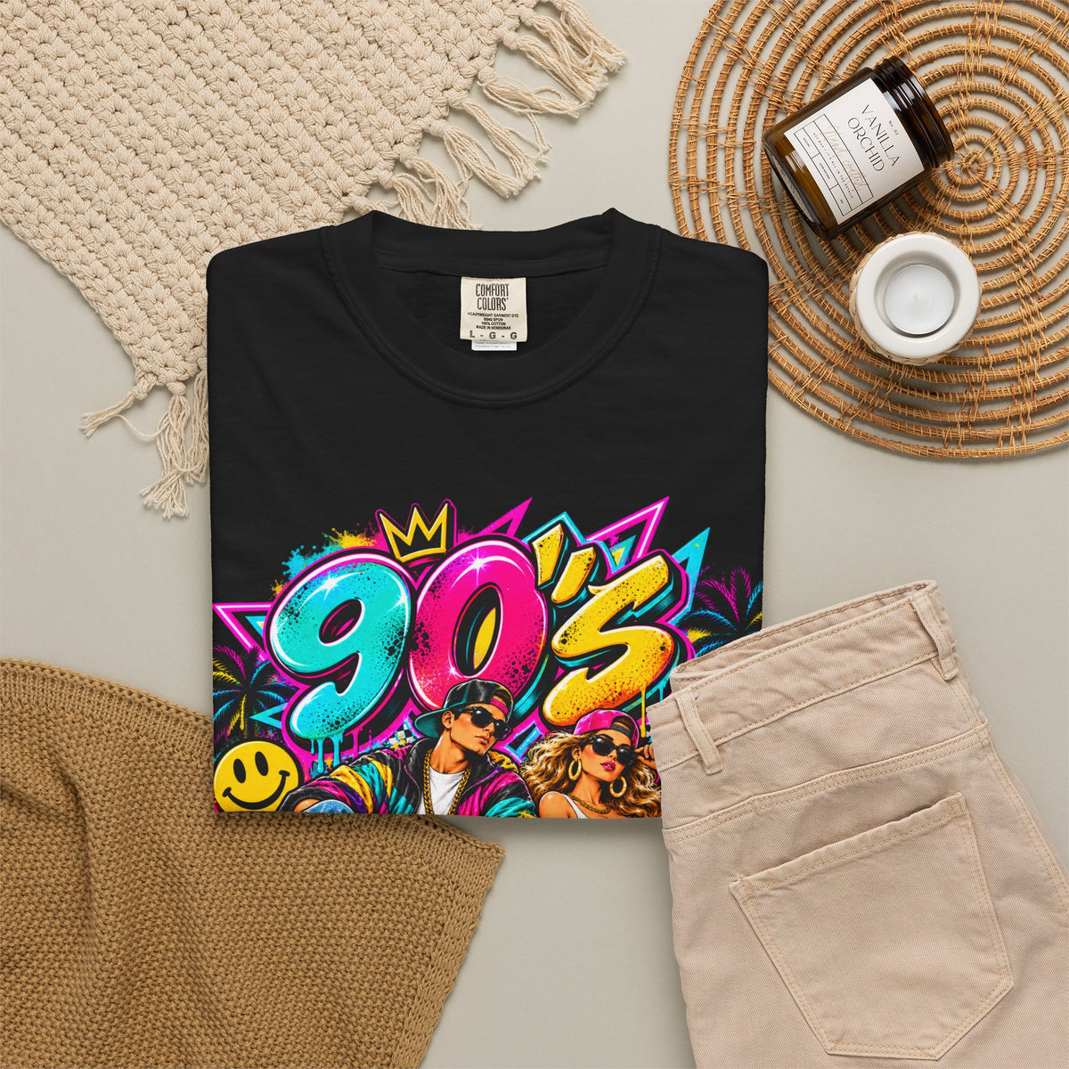 90s Retro Streetwear T-Shirt — Vintage Boombox & Neon Graffiti Design