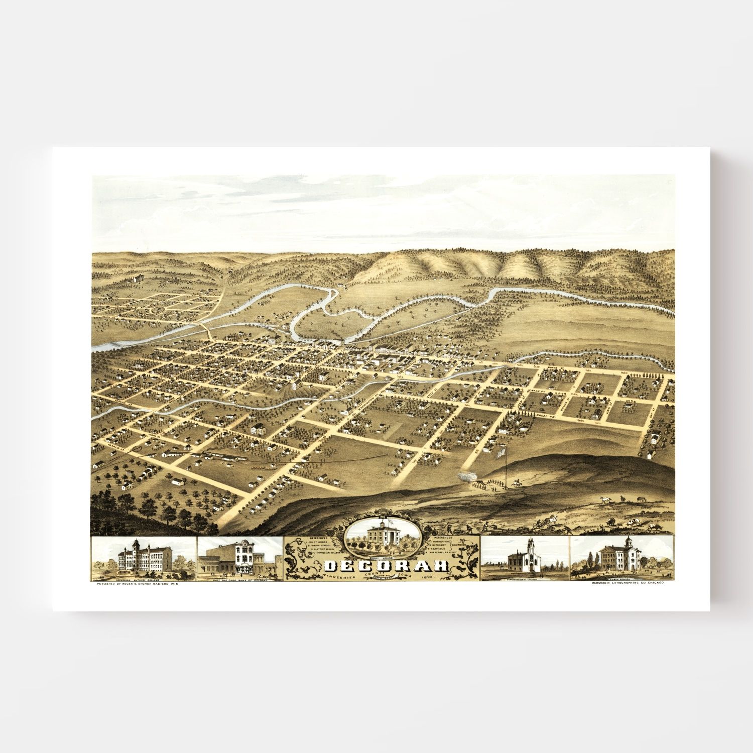 Vintage Map of Decorah, Iowa 1870