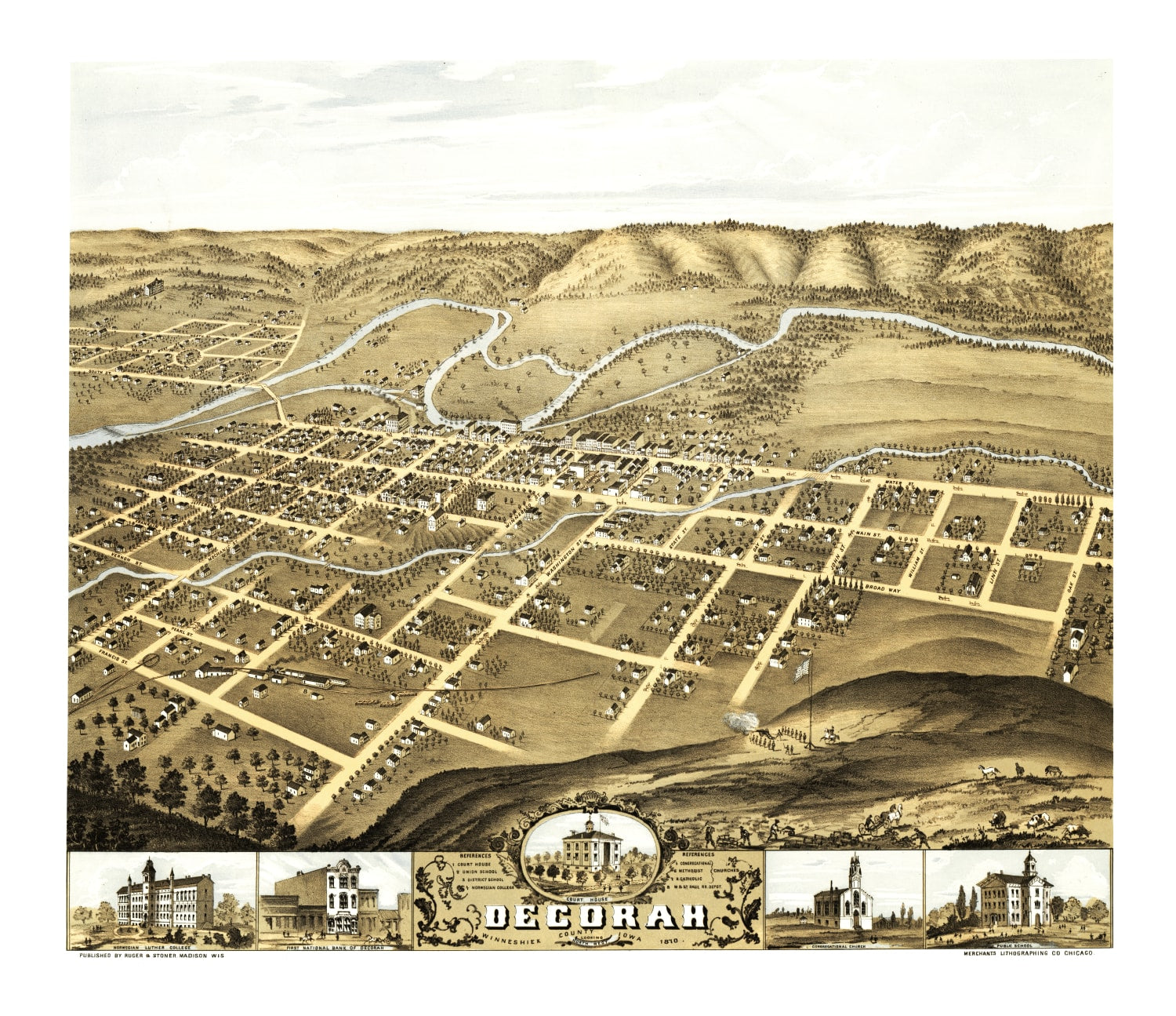 Vintage Map of Decorah, Iowa 1870