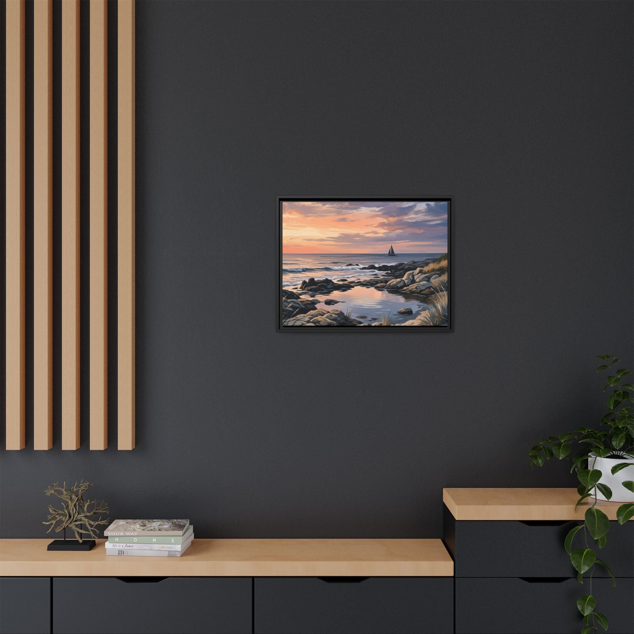 Framed Seaside Sunset Matte Canvas Print – Sailboat Coastal Wall Art