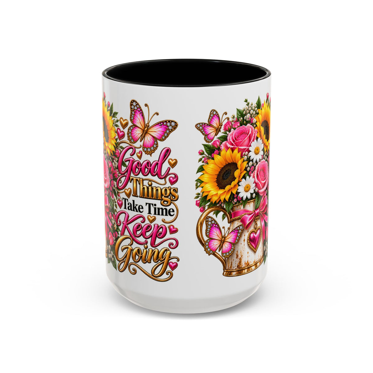 Inspiring Floral Coffee Mug — "Good Things Take Time, Keep Going"