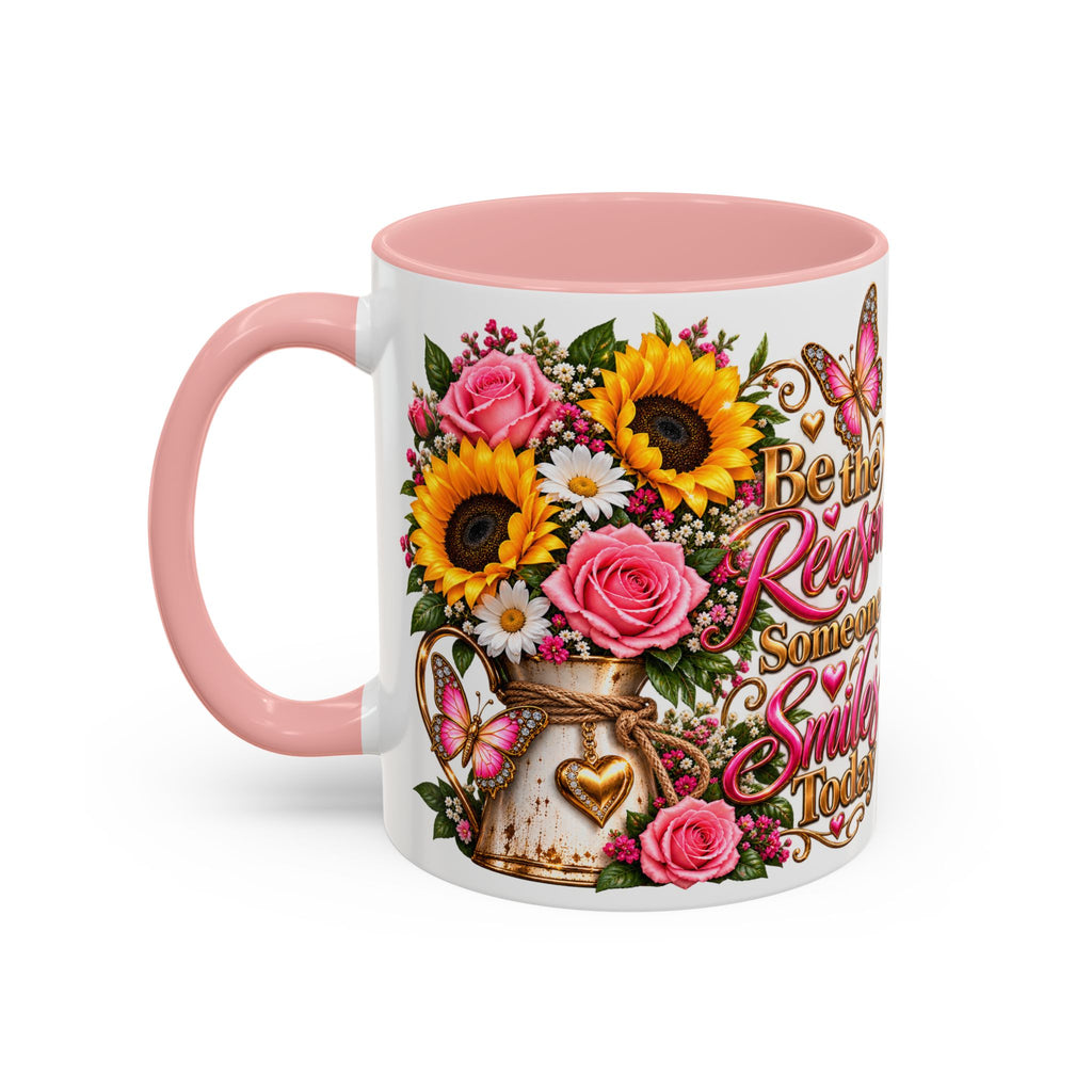 Be the Reason Someone Smiles Today Accent Coffee Mug – Floral Sunflower & Rose Inspirational 11/15oz