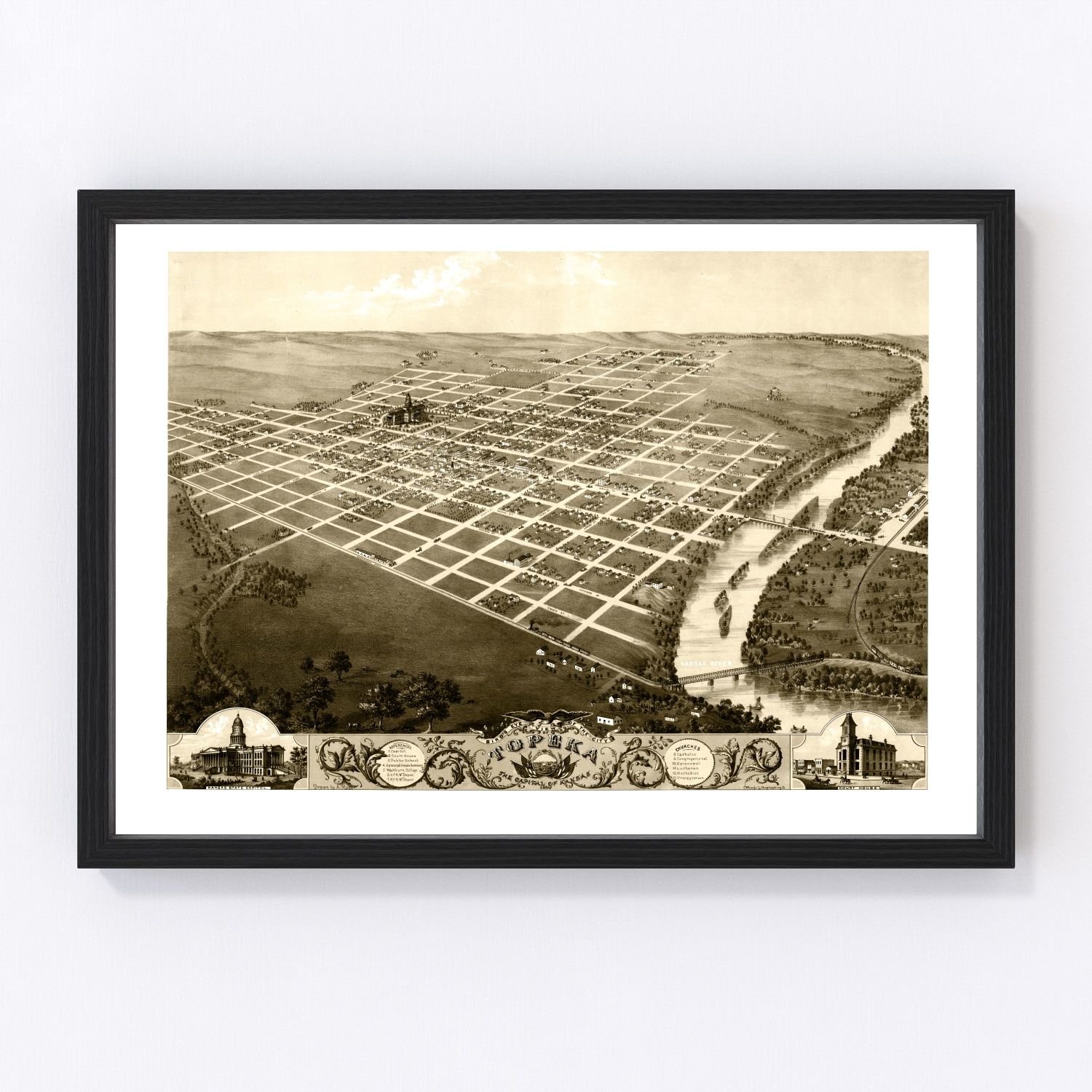 Vintage Map of Topeka, Kansas 1869