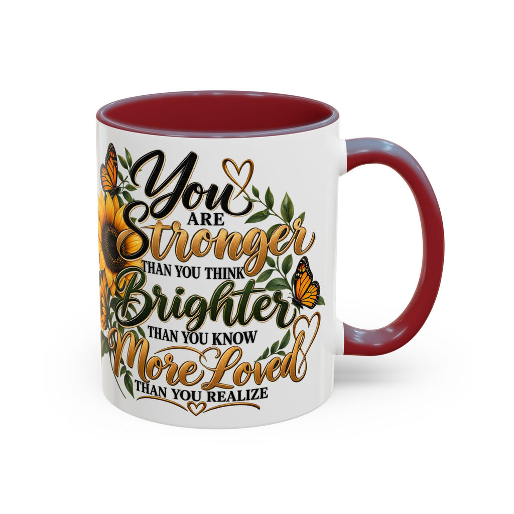 Inspirational Sunflower Coffee Mug — "You Are Stronger, Brighter, More Loved" Accent Mug