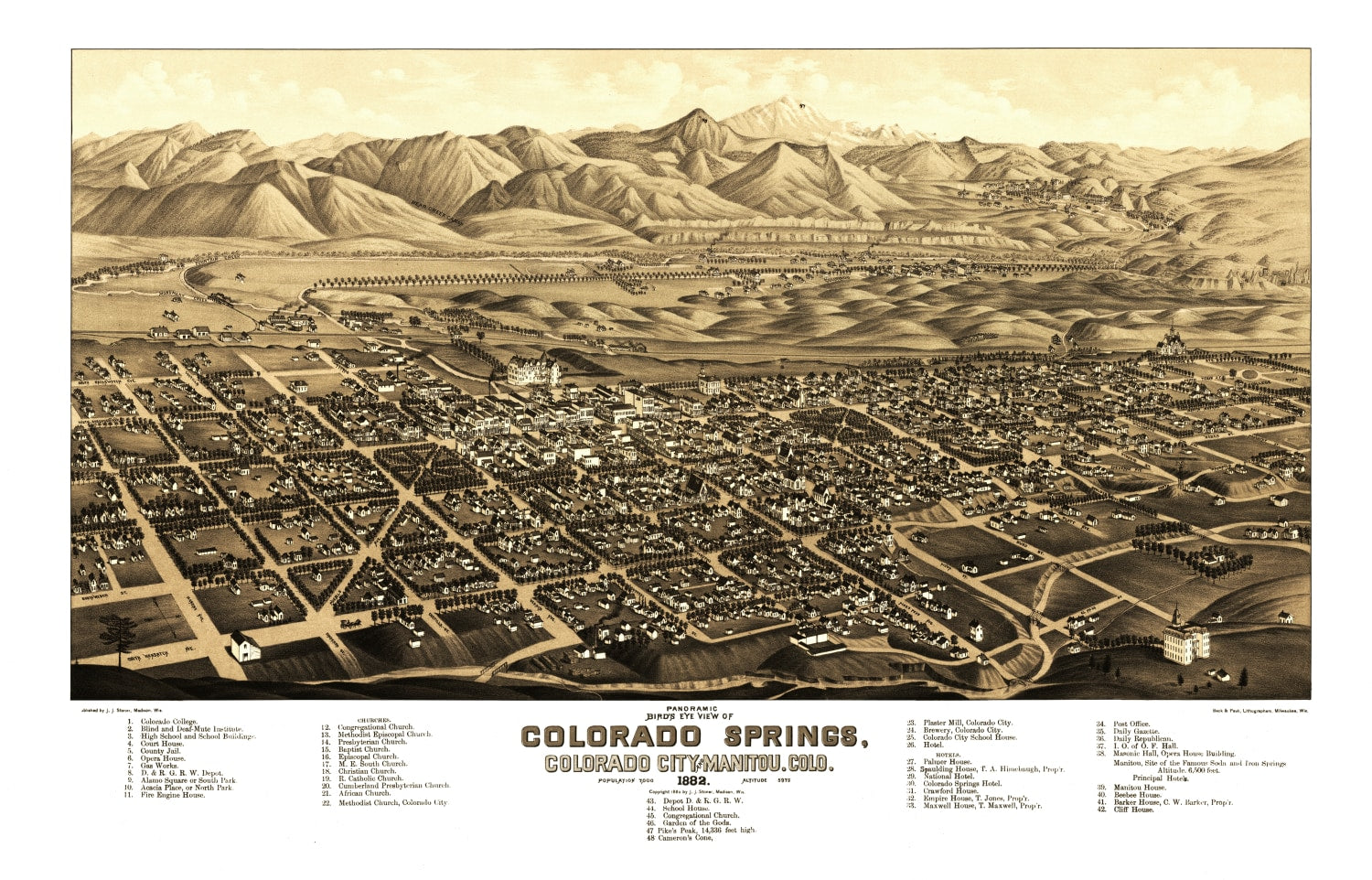 Vintage Map of Colorado Springs, Colorado 1882