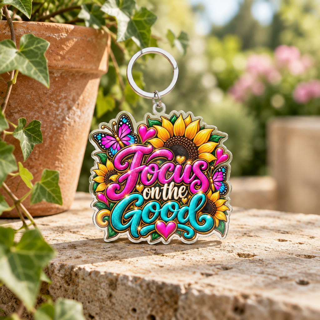 Focus on the Good Sunflower Keychain — Colorful Inspirational Acrylic Keyring