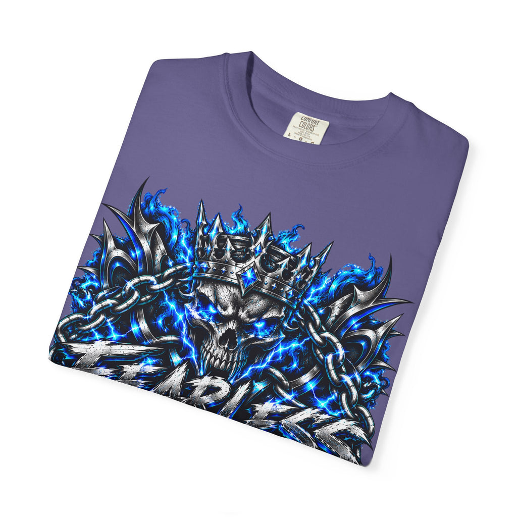 Skull Throne Graphic T-Shirt — Blue Lightning Heavy Metal Tee