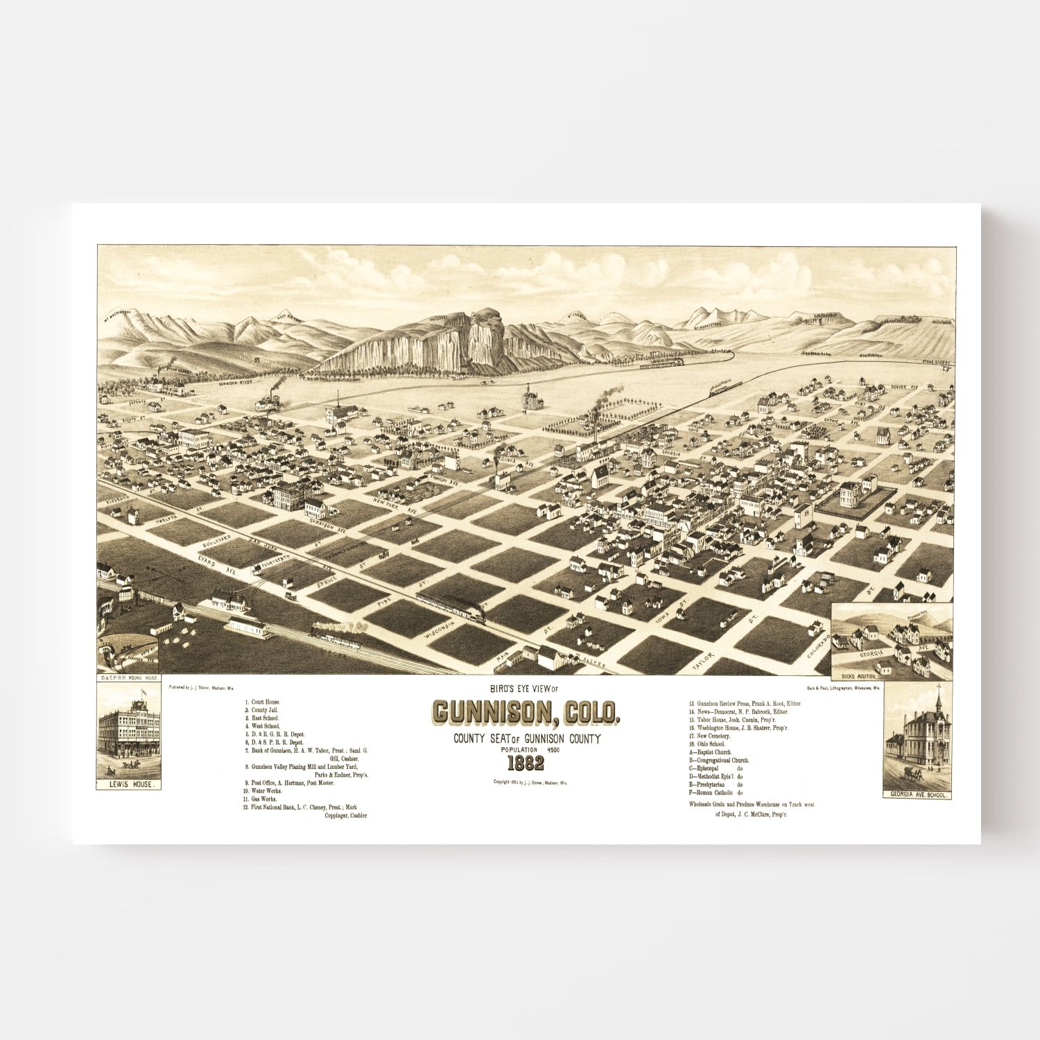 Vintage Map of Gunnison, Colorado 1882