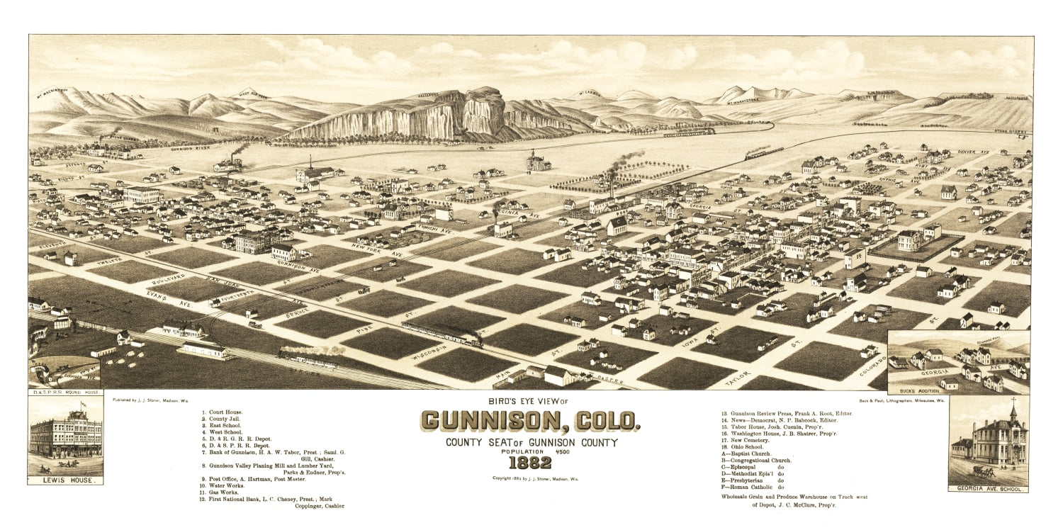 Vintage Map of Gunnison, Colorado 1882
