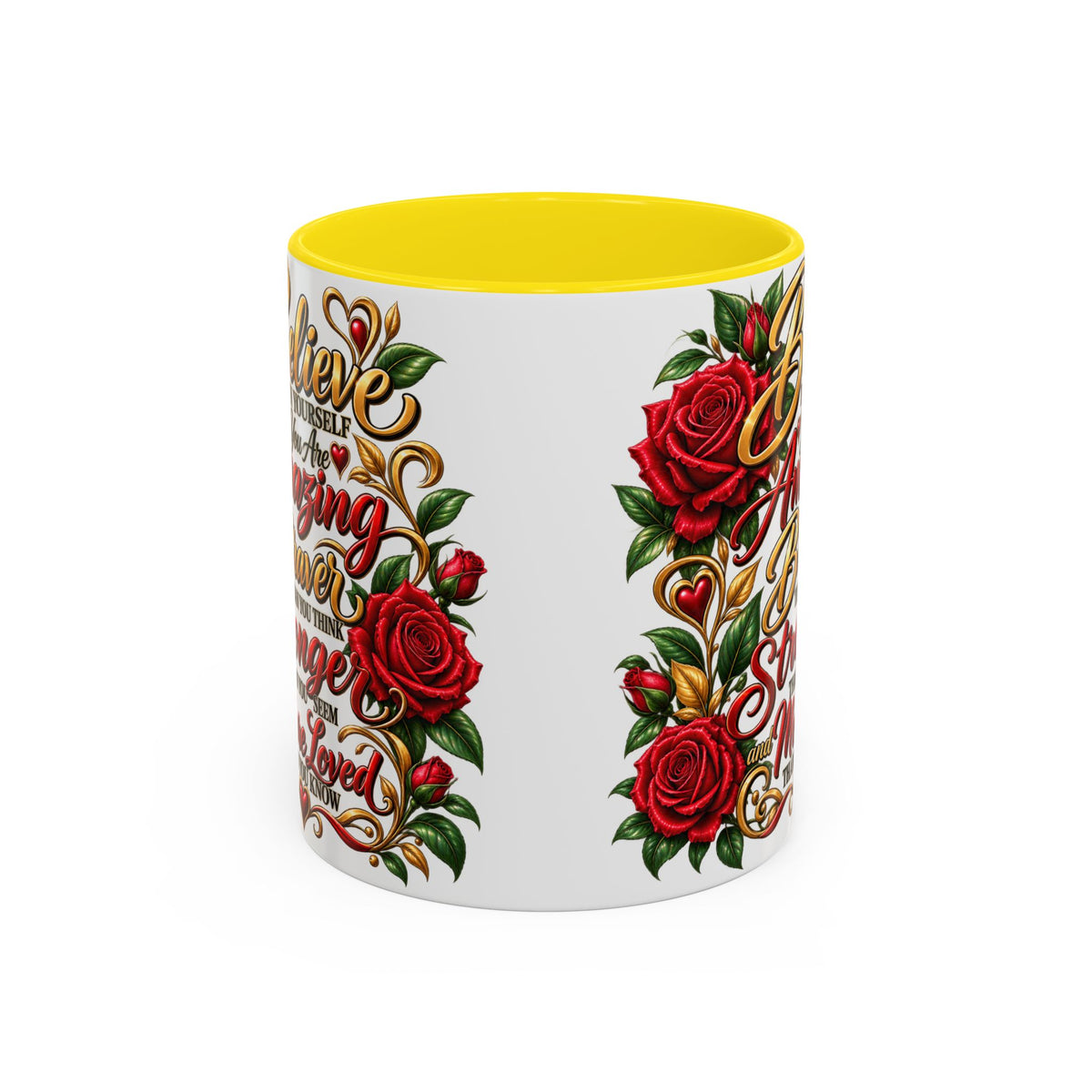 Inspirational Rose Coffee Mug — "Believe in Yourself" Motivational Tea Cup