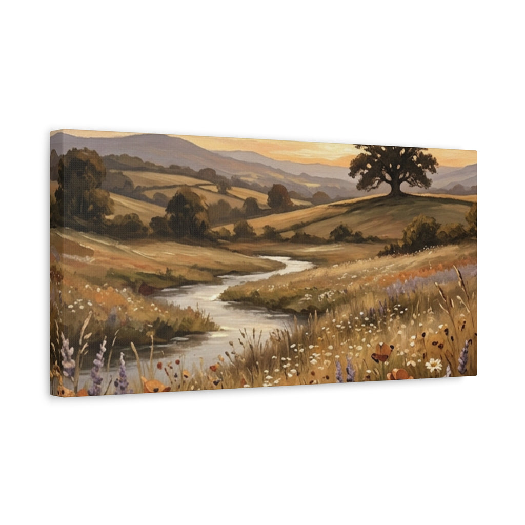 Golden Meadow River Canvas Wall Art — Stretched Matte Print