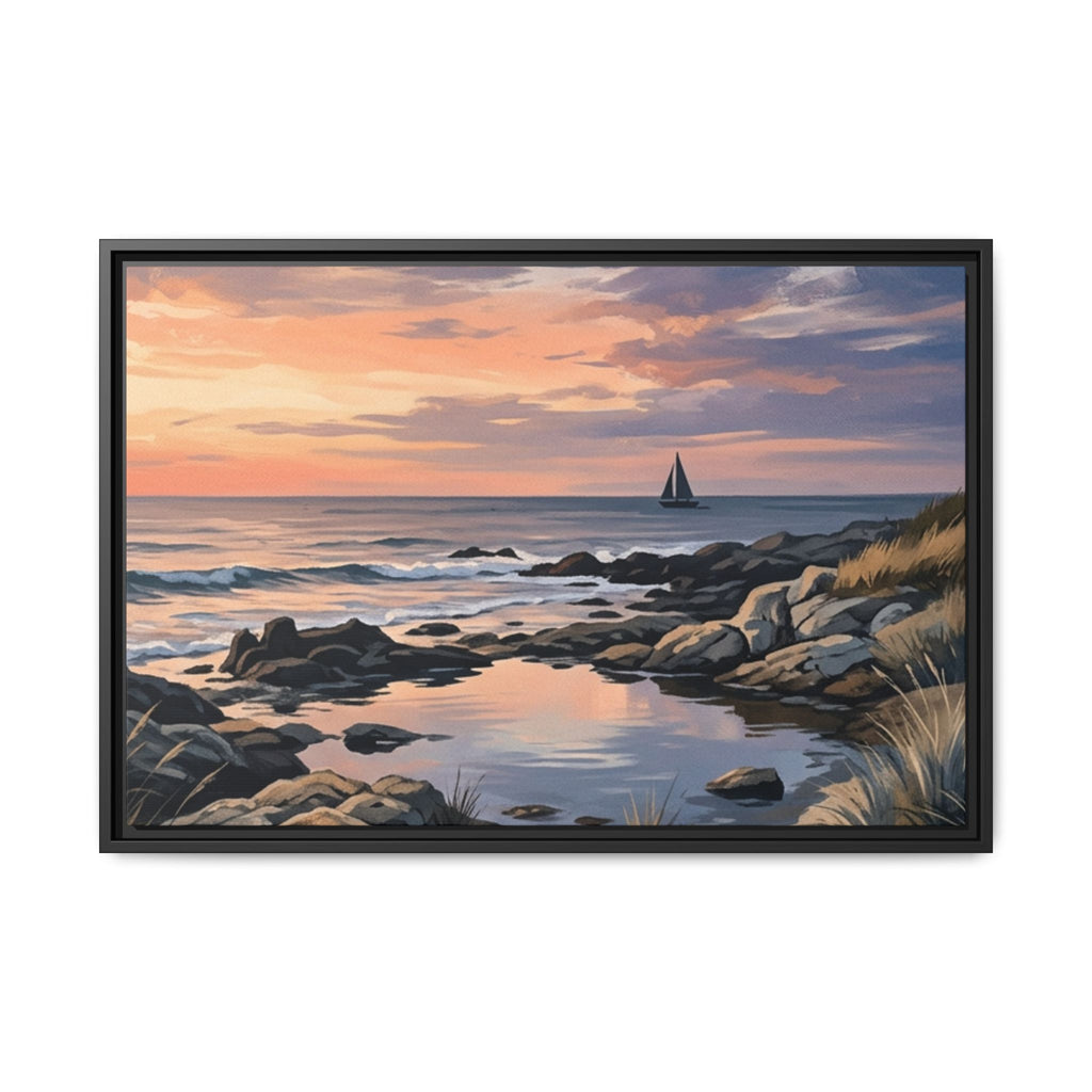 Framed Seaside Sunset Matte Canvas Print – Sailboat Coastal Wall Art