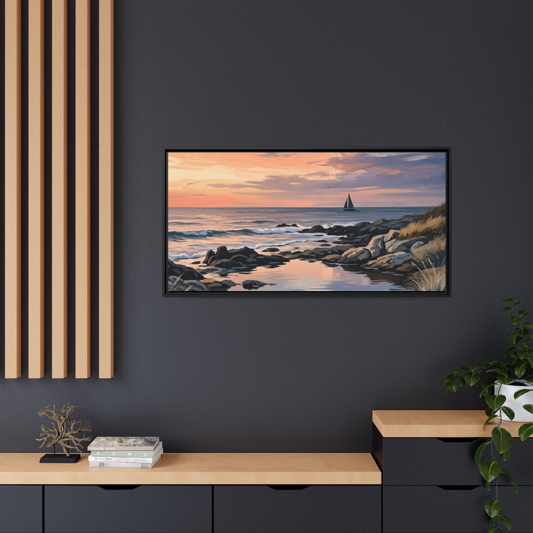 Framed Seaside Sunset Matte Canvas Print – Sailboat Coastal Wall Art