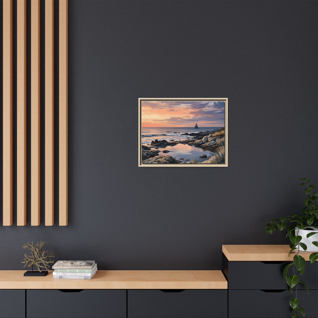 Framed Seaside Sunset Matte Canvas Print – Sailboat Coastal Wall Art