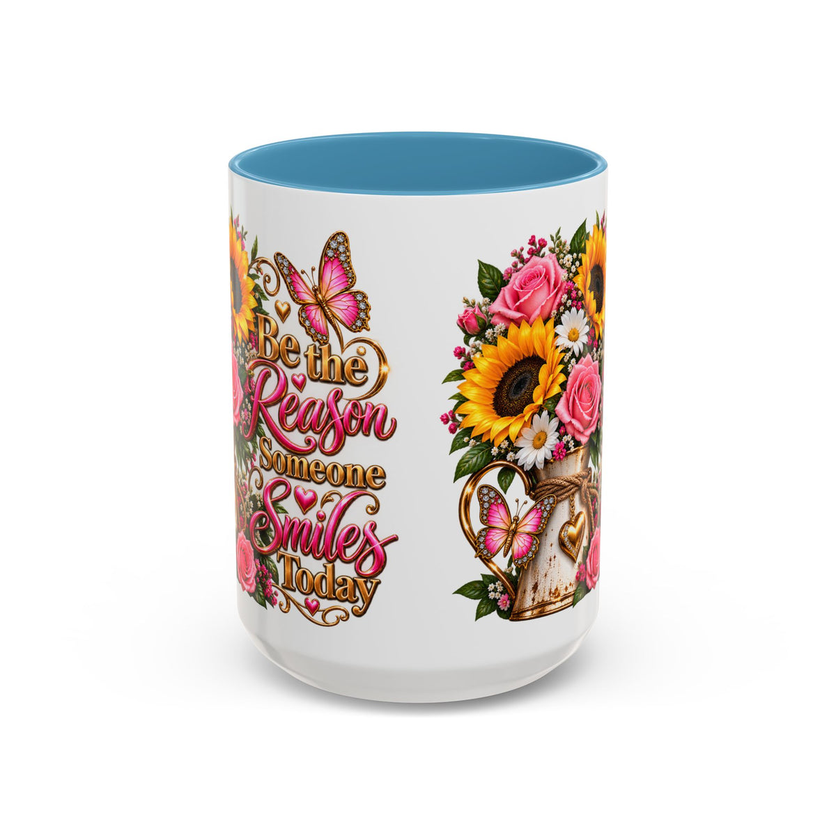 Be the Reason Someone Smiles Today Accent Coffee Mug – Floral Sunflower & Rose Inspirational 11/15oz