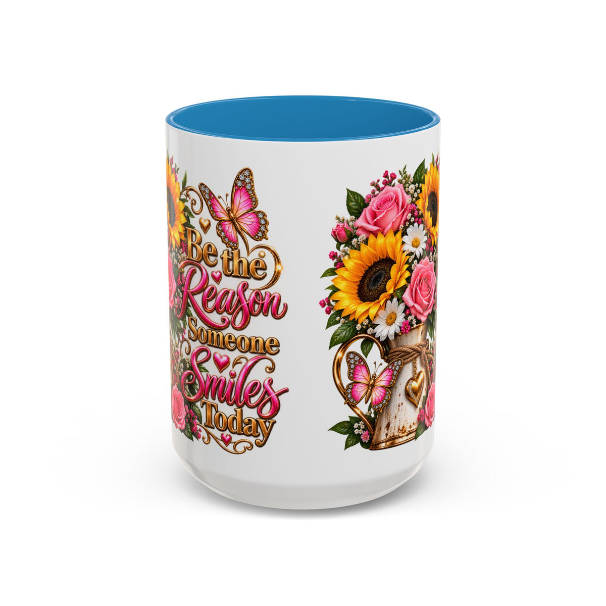 Be the Reason Someone Smiles Today Accent Coffee Mug – Floral Sunflower & Rose Inspirational 11/15oz
