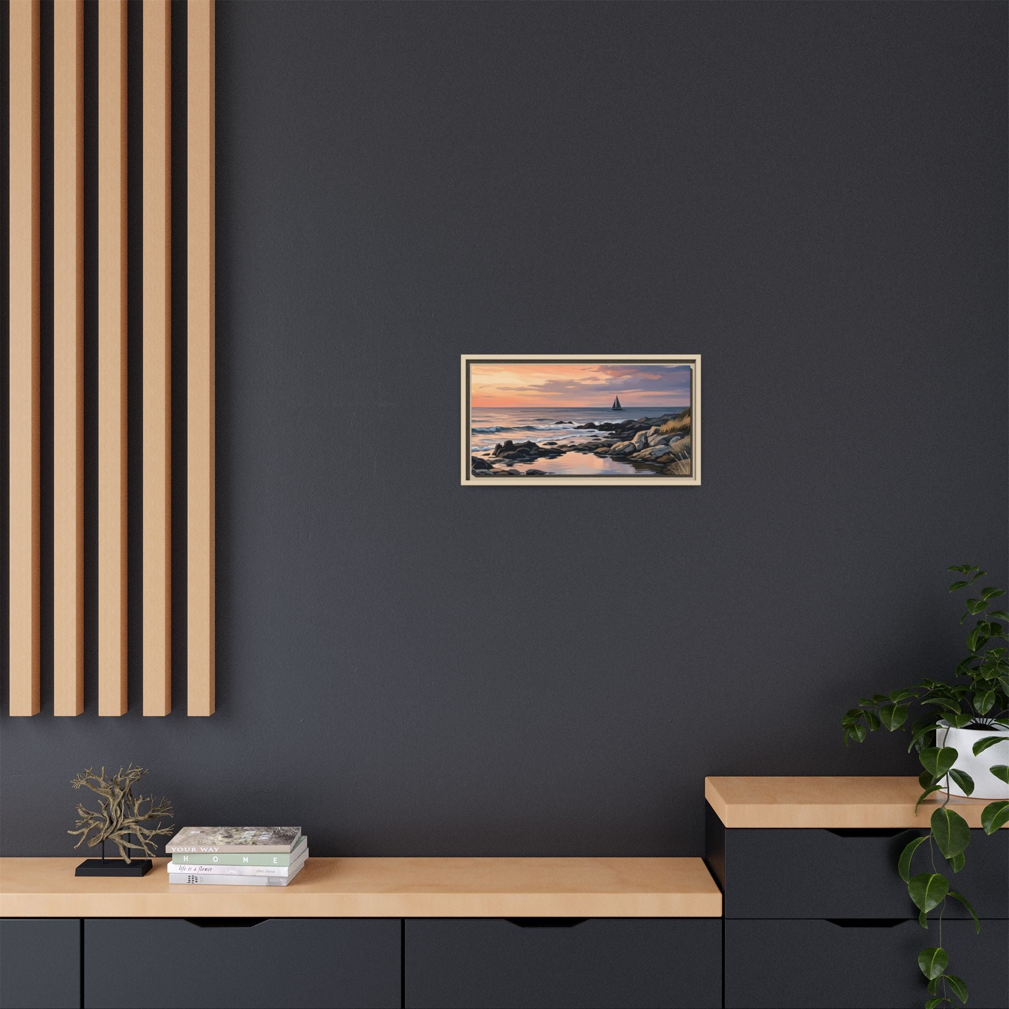 Framed Seaside Sunset Matte Canvas Print – Sailboat Coastal Wall Art