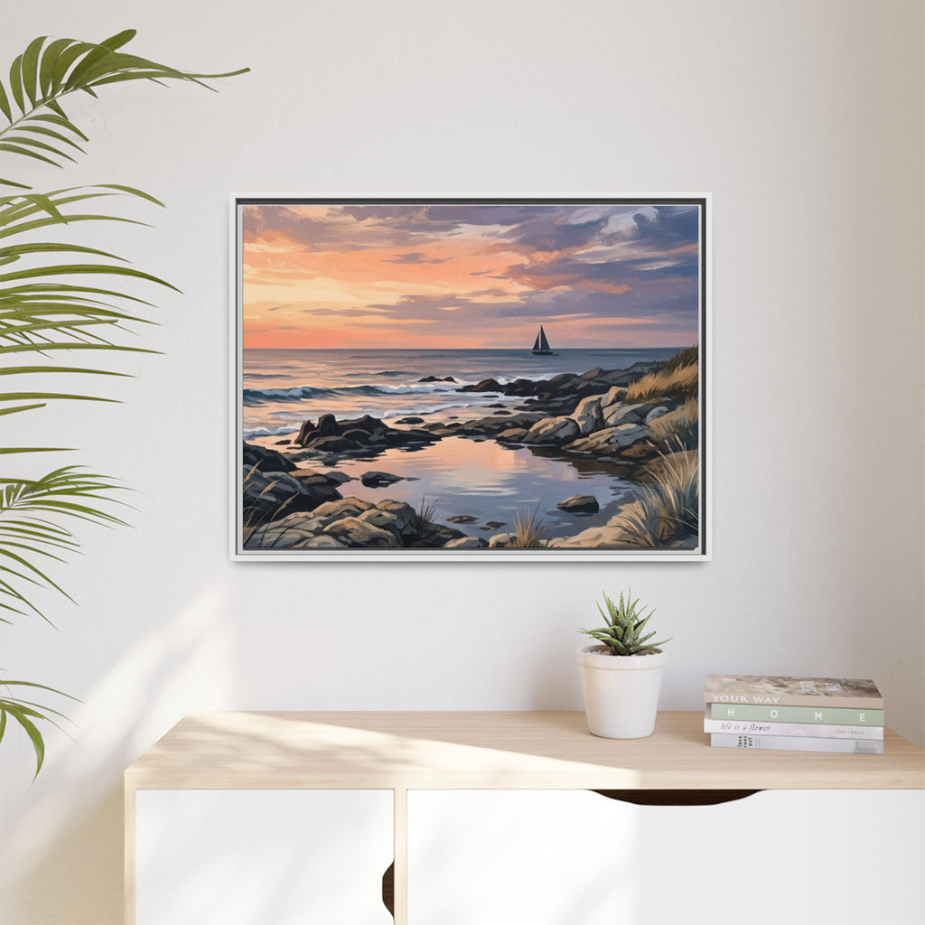 Framed Seaside Sunset Matte Canvas Print – Sailboat Coastal Wall Art