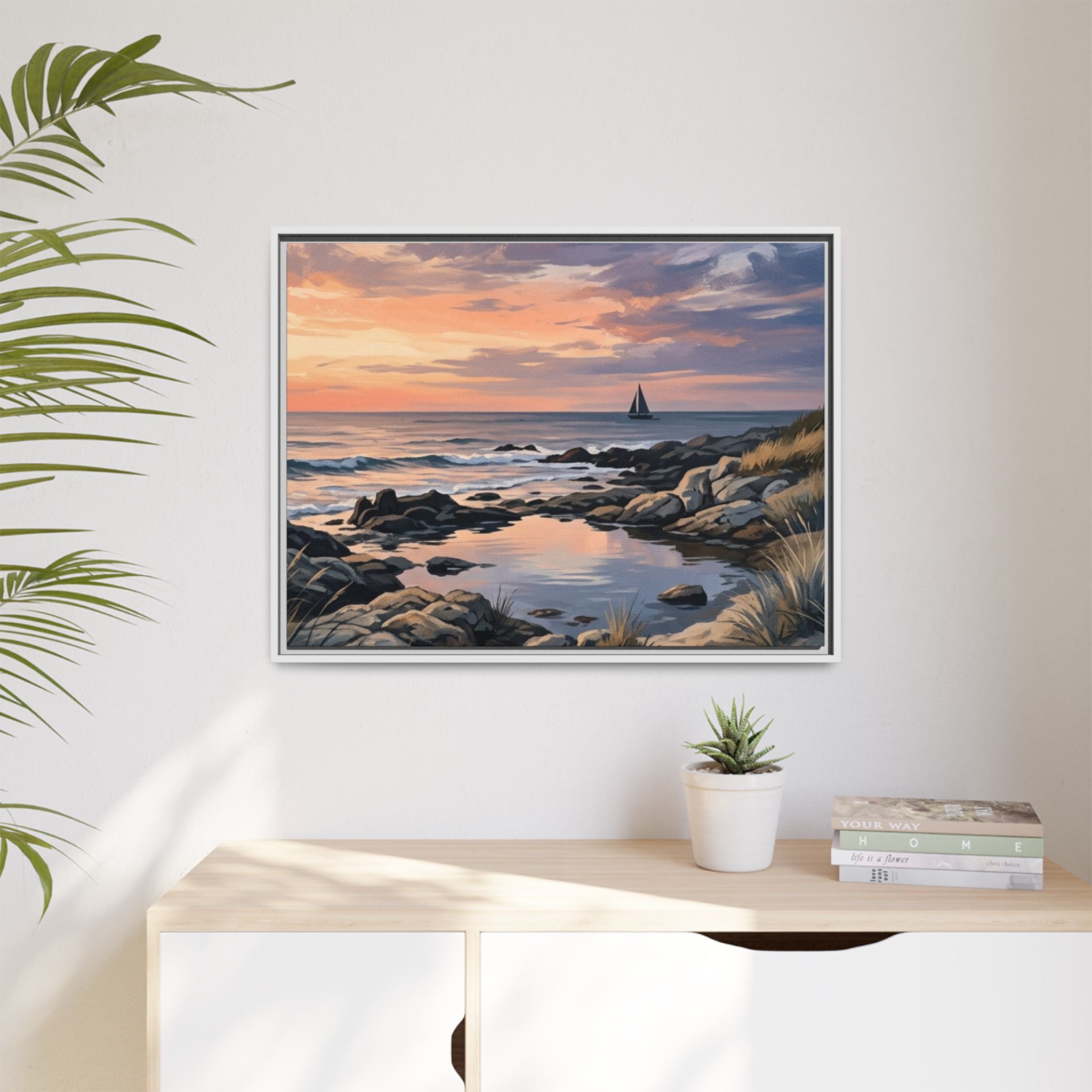 Framed Seaside Sunset Matte Canvas Print – Sailboat Coastal Wall Art