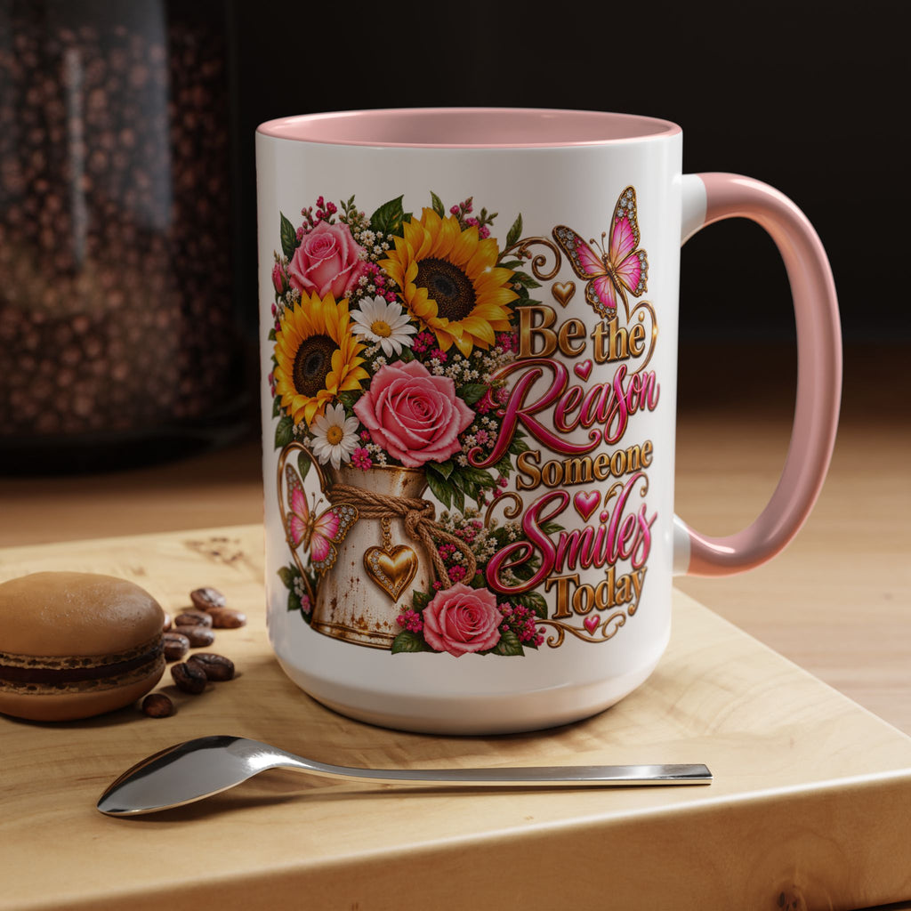 Be the Reason Someone Smiles Today Accent Coffee Mug – Floral Sunflower & Rose Inspirational 11/15oz