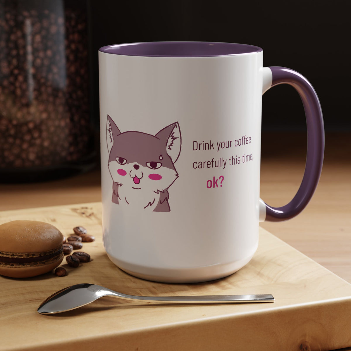 Accent Coffee Mug — Cute Shy Fox Design "Drink your coffee carefully this time, ok?"