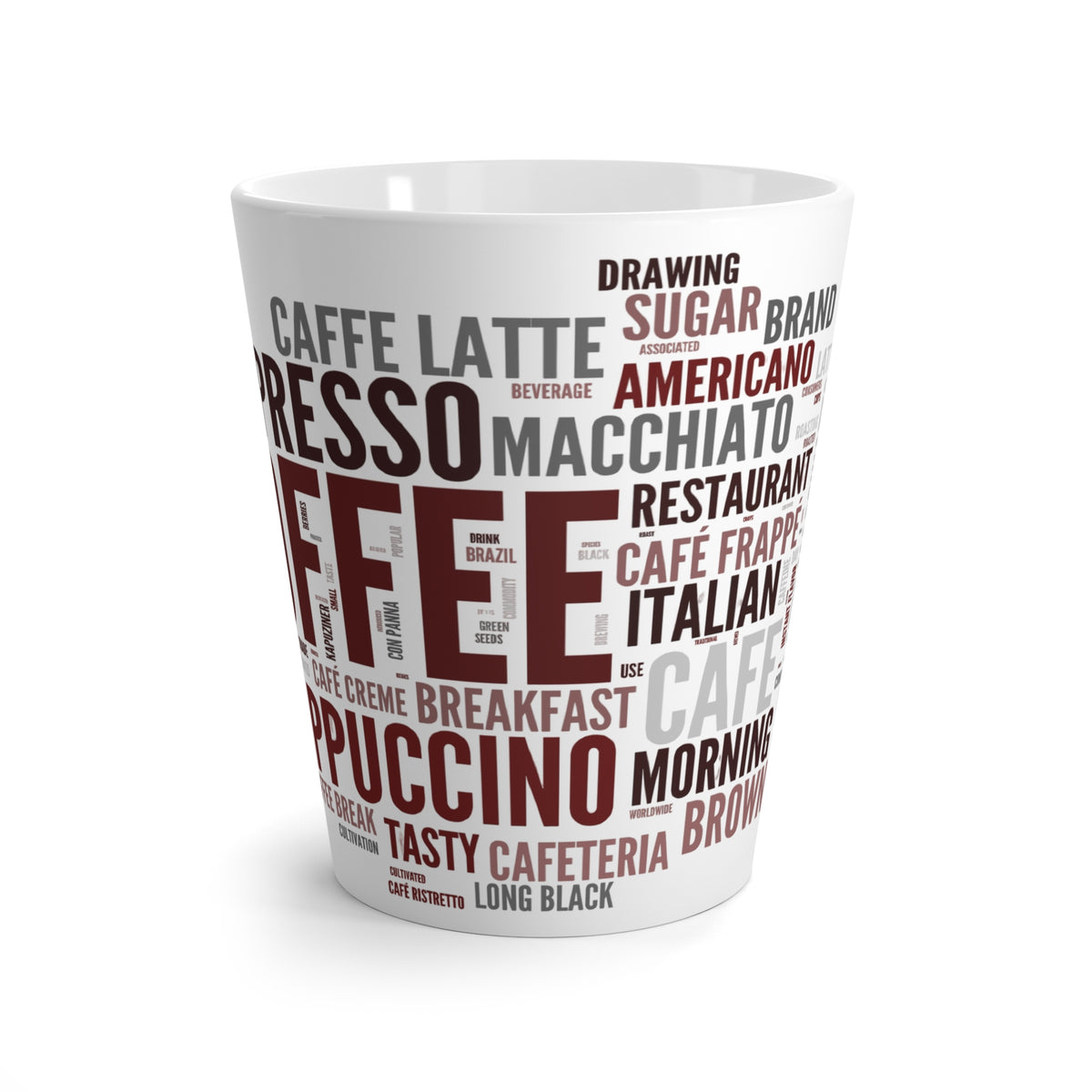 Coffee Word Cloud Latte Mug – Espresso, Cappuccino & Macchiato Design