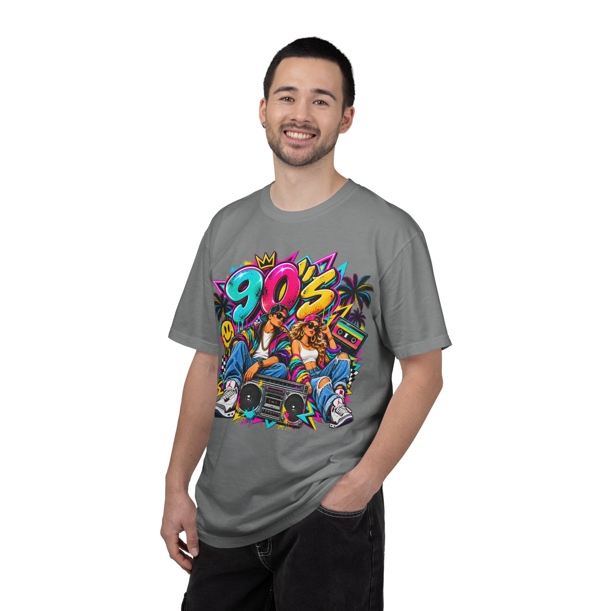 90s Retro Streetwear T-Shirt — Vintage Boombox & Neon Graffiti Design