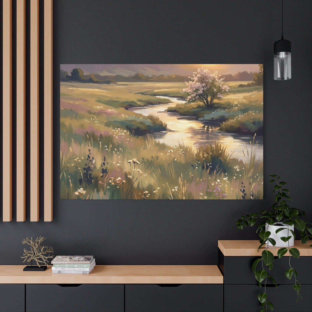 Serene Meadow Stream Matte Canvas Art — Stretched Wall Decor