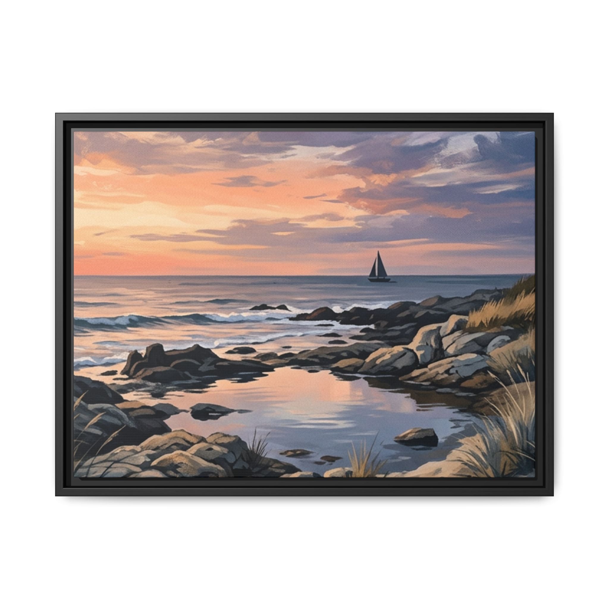 Framed Seaside Sunset Matte Canvas Print – Sailboat Coastal Wall Art