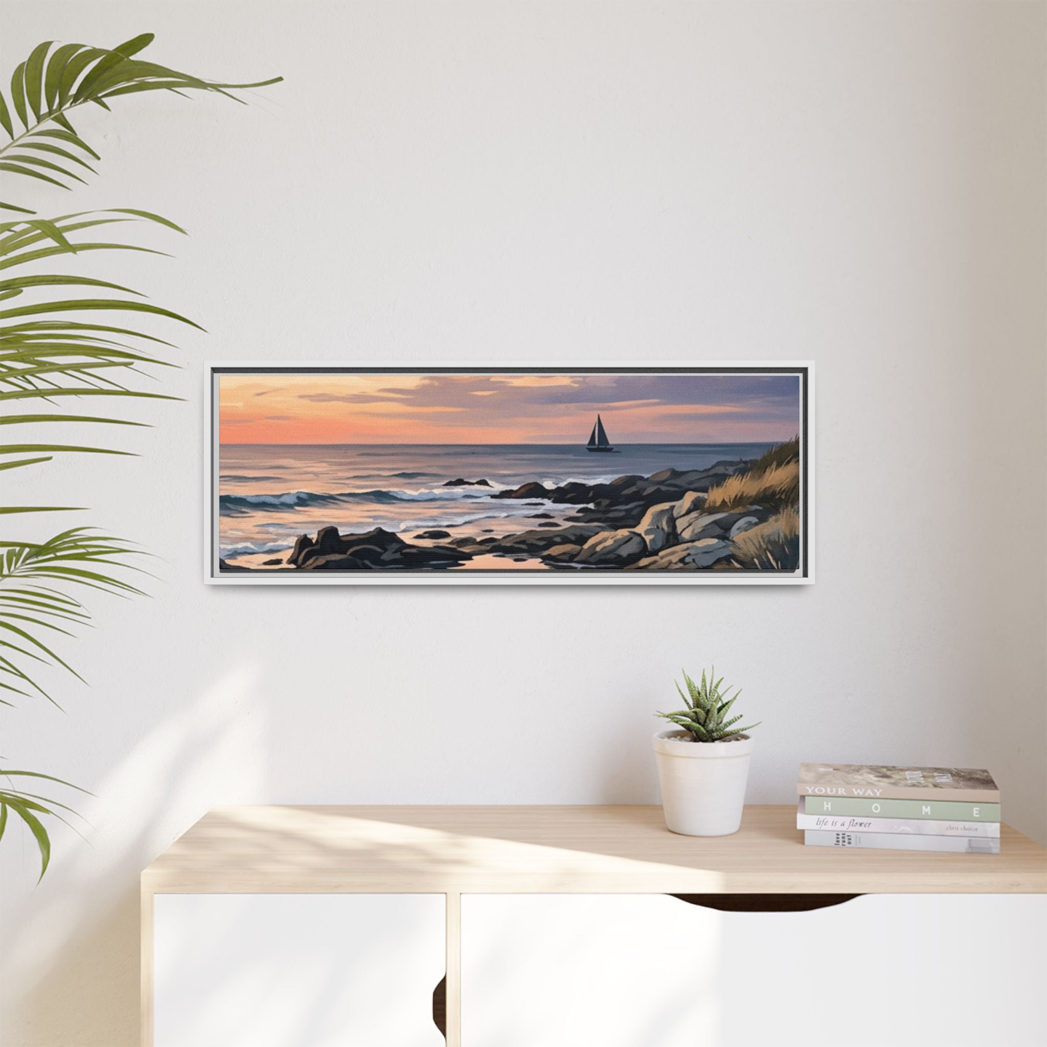Framed Seaside Sunset Matte Canvas Print – Sailboat Coastal Wall Art
