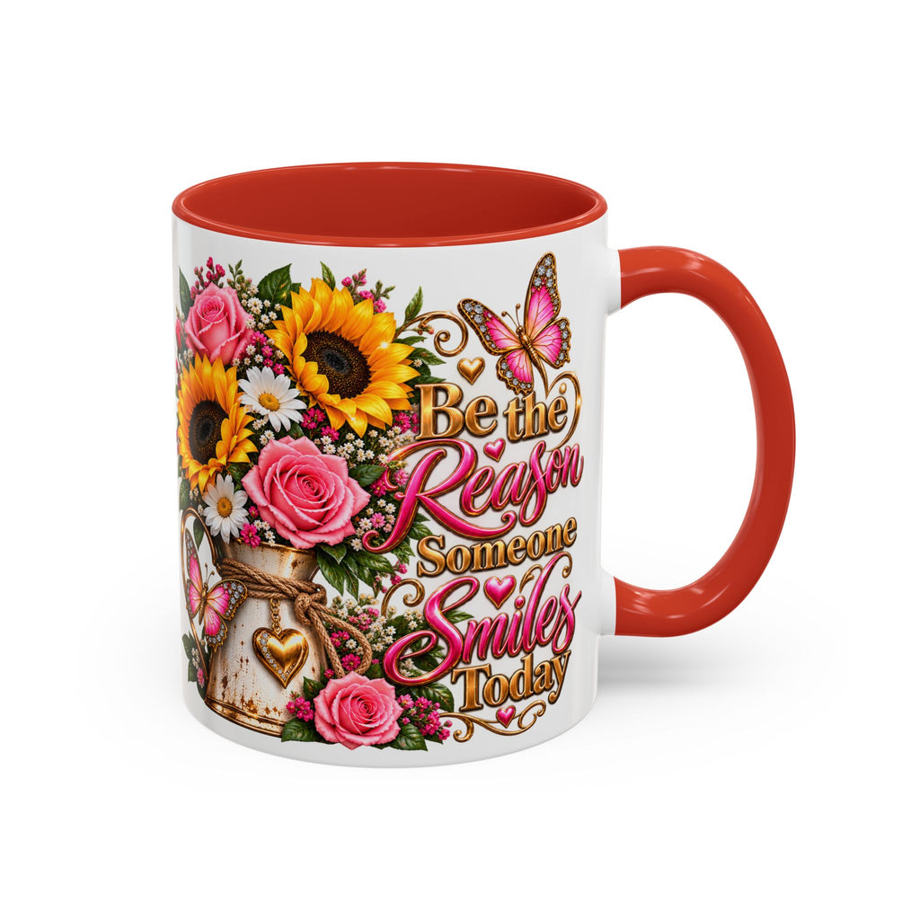Be the Reason Someone Smiles Today Accent Coffee Mug – Floral Sunflower & Rose Inspirational 11/15oz