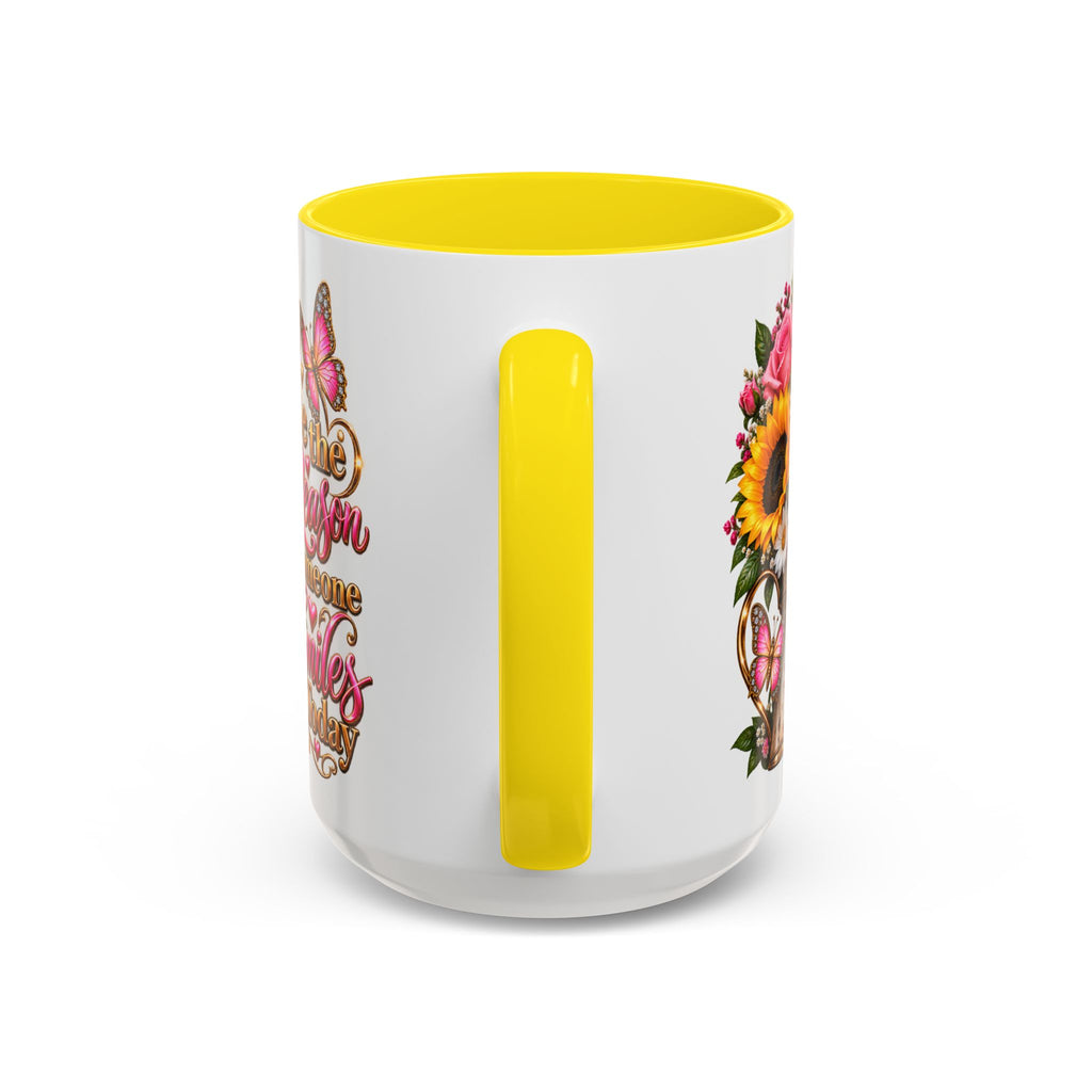 Be the Reason Someone Smiles Today Accent Coffee Mug – Floral Sunflower & Rose Inspirational 11/15oz