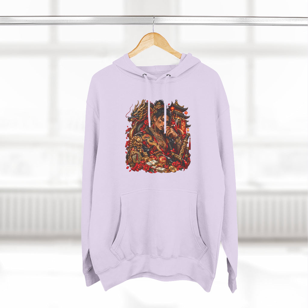 Dragon Battle Hoodie — Three-Panel Fleece Hooded Sweatshirt with Fiery Fantasy Artwork