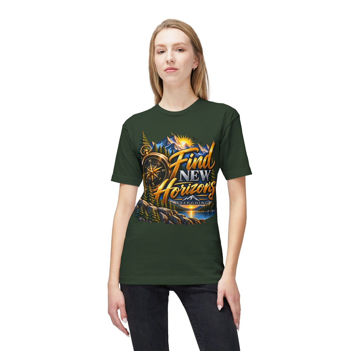 Find New Horizons T-Shirt — Adventure Compass Mountain Graphic Tee