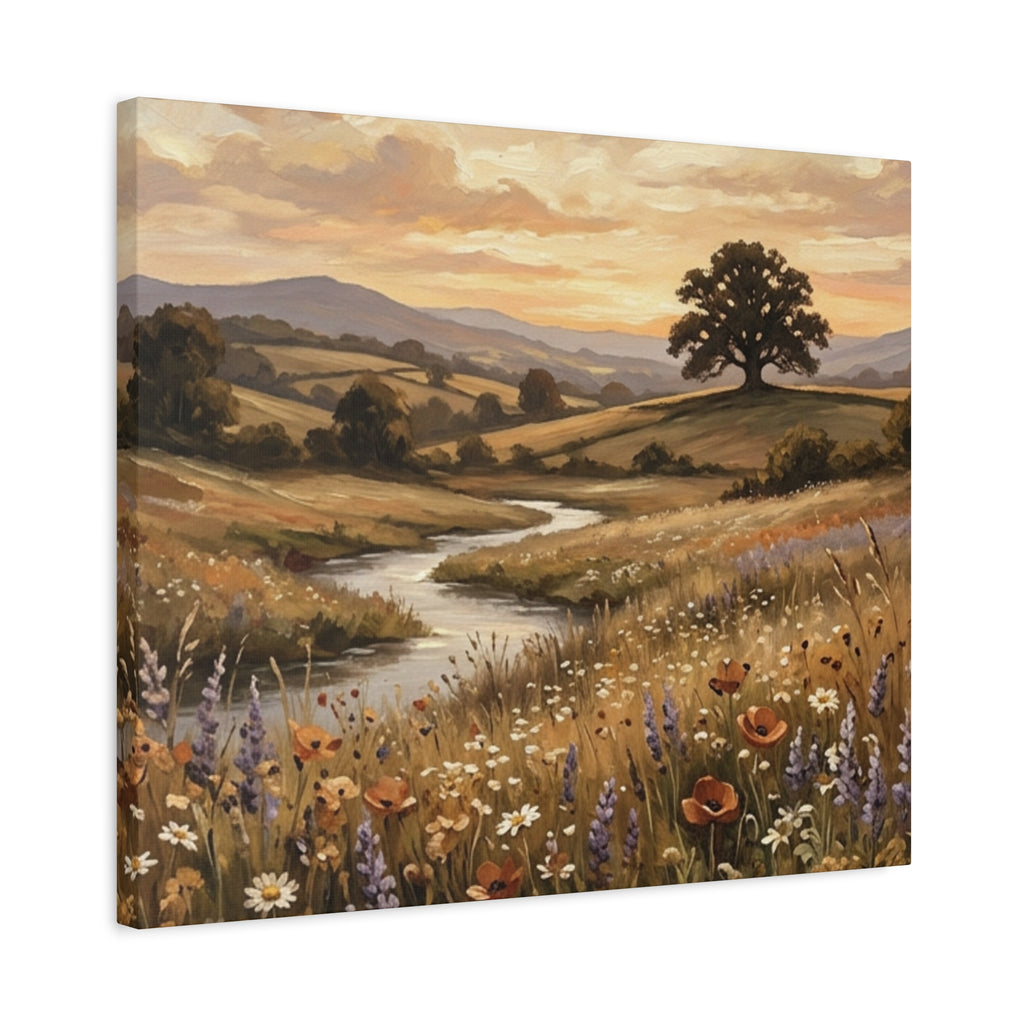 Golden Meadow River Canvas Wall Art — Stretched Matte Print