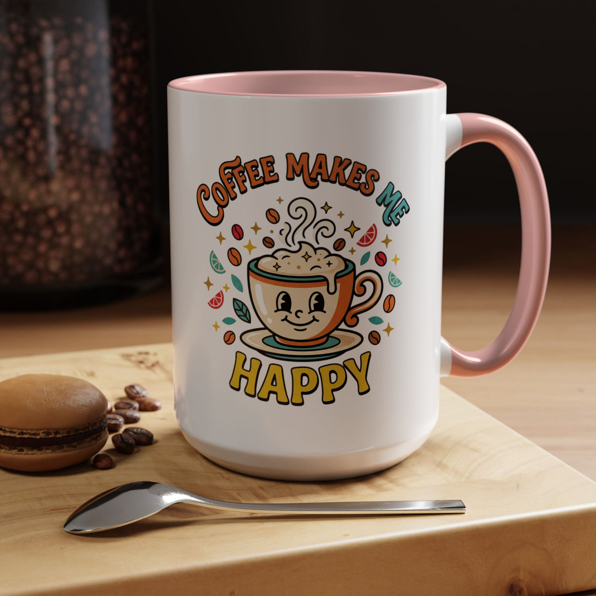 Coffee Mug — "Coffee Makes Me Happy" Cute Retro Accent Mug (11/15oz)