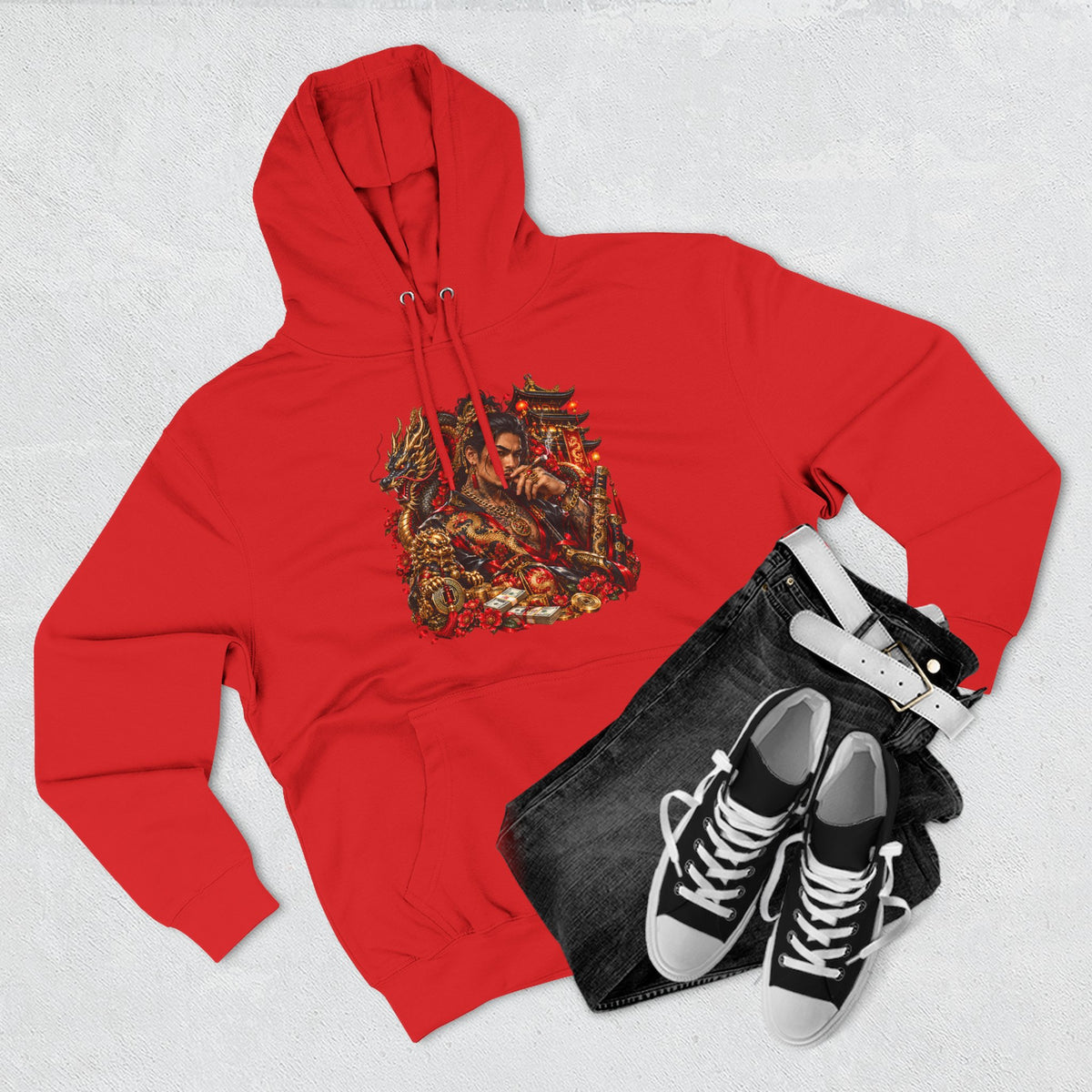 Dragon Battle Hoodie — Three-Panel Fleece Hooded Sweatshirt with Fiery Fantasy Artwork