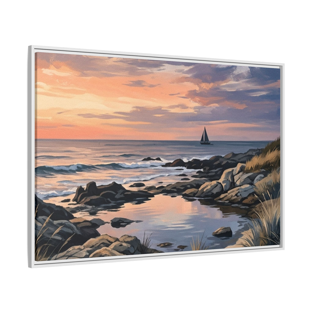 Framed Seaside Sunset Matte Canvas Print – Sailboat Coastal Wall Art