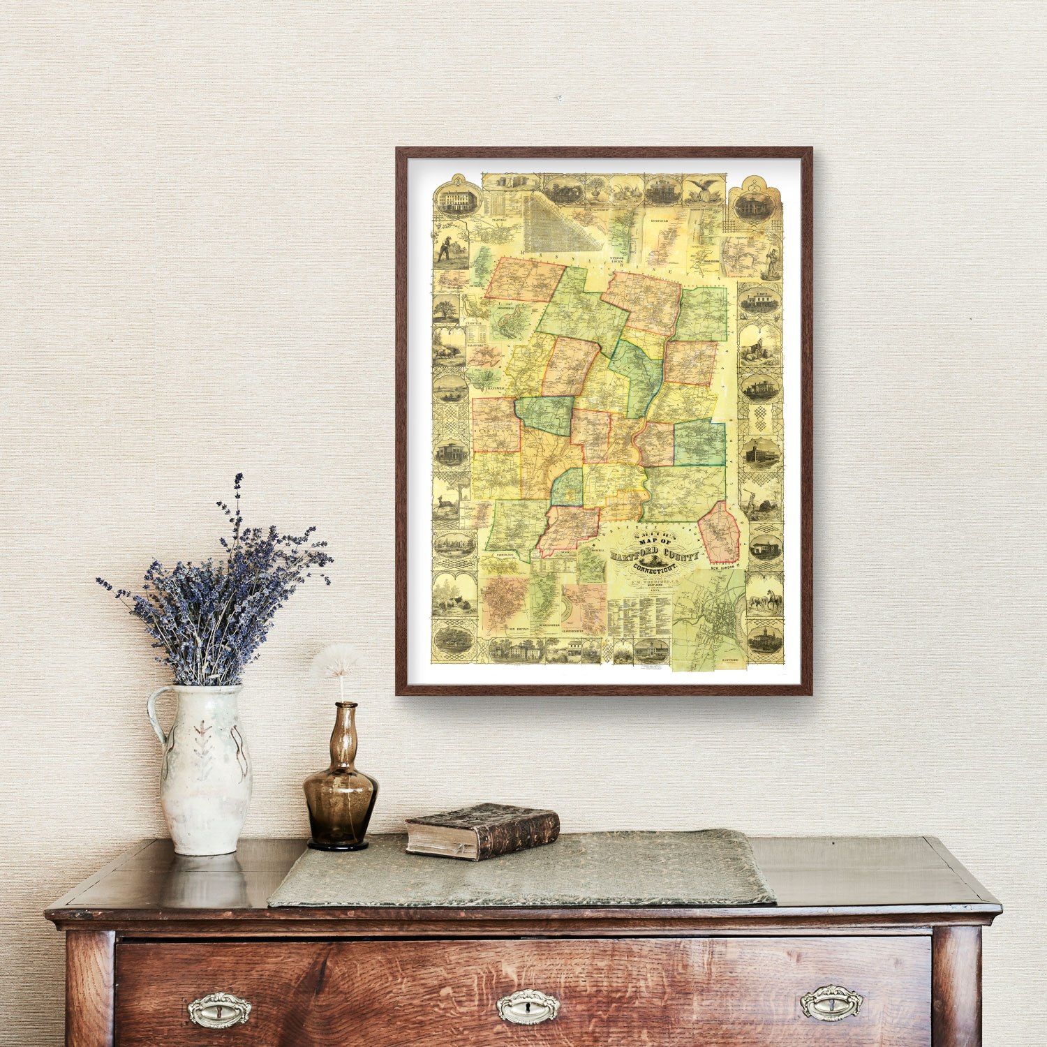 Vintage Map of Hartford County, Connecticut 1855
