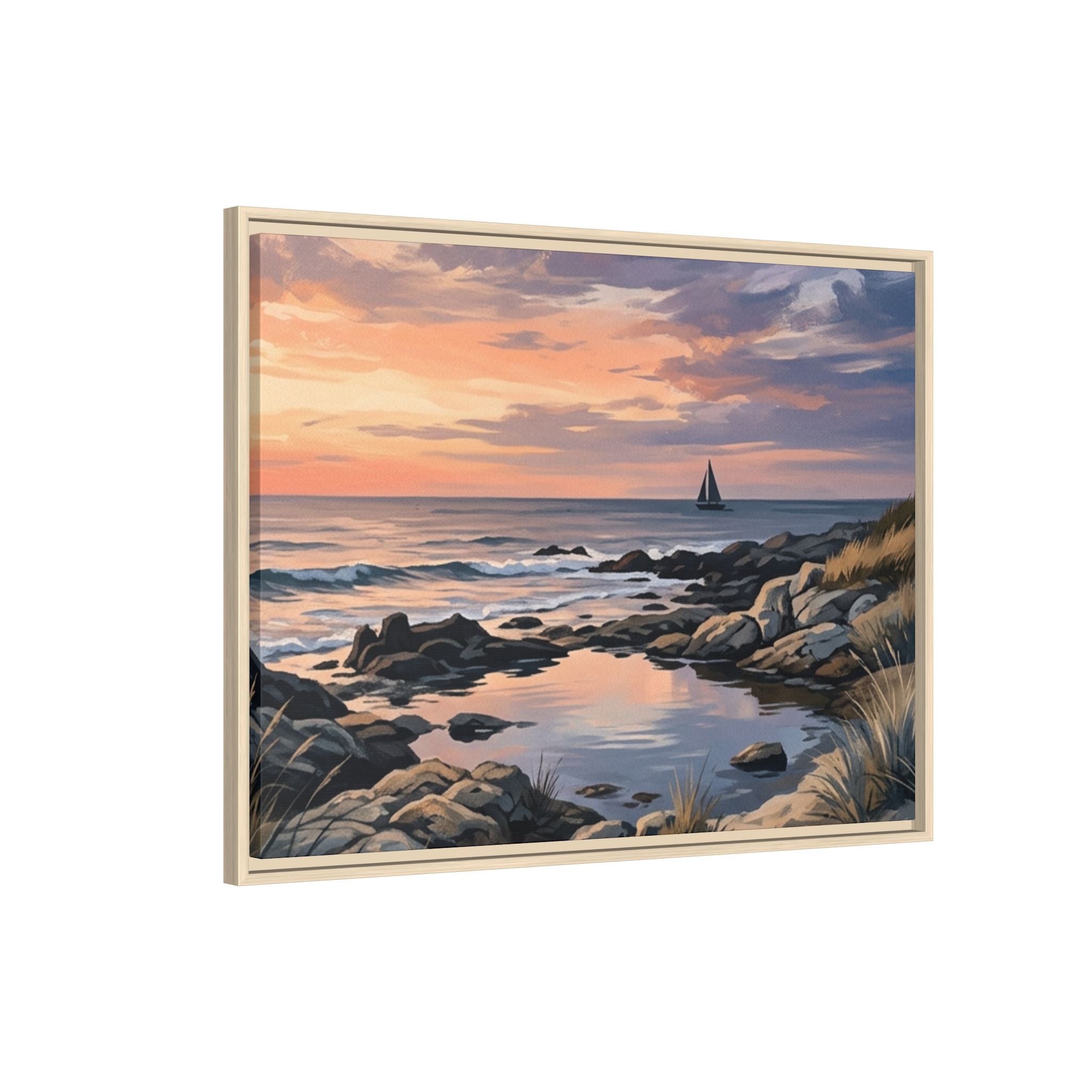 Framed Seaside Sunset Matte Canvas Print – Sailboat Coastal Wall Art