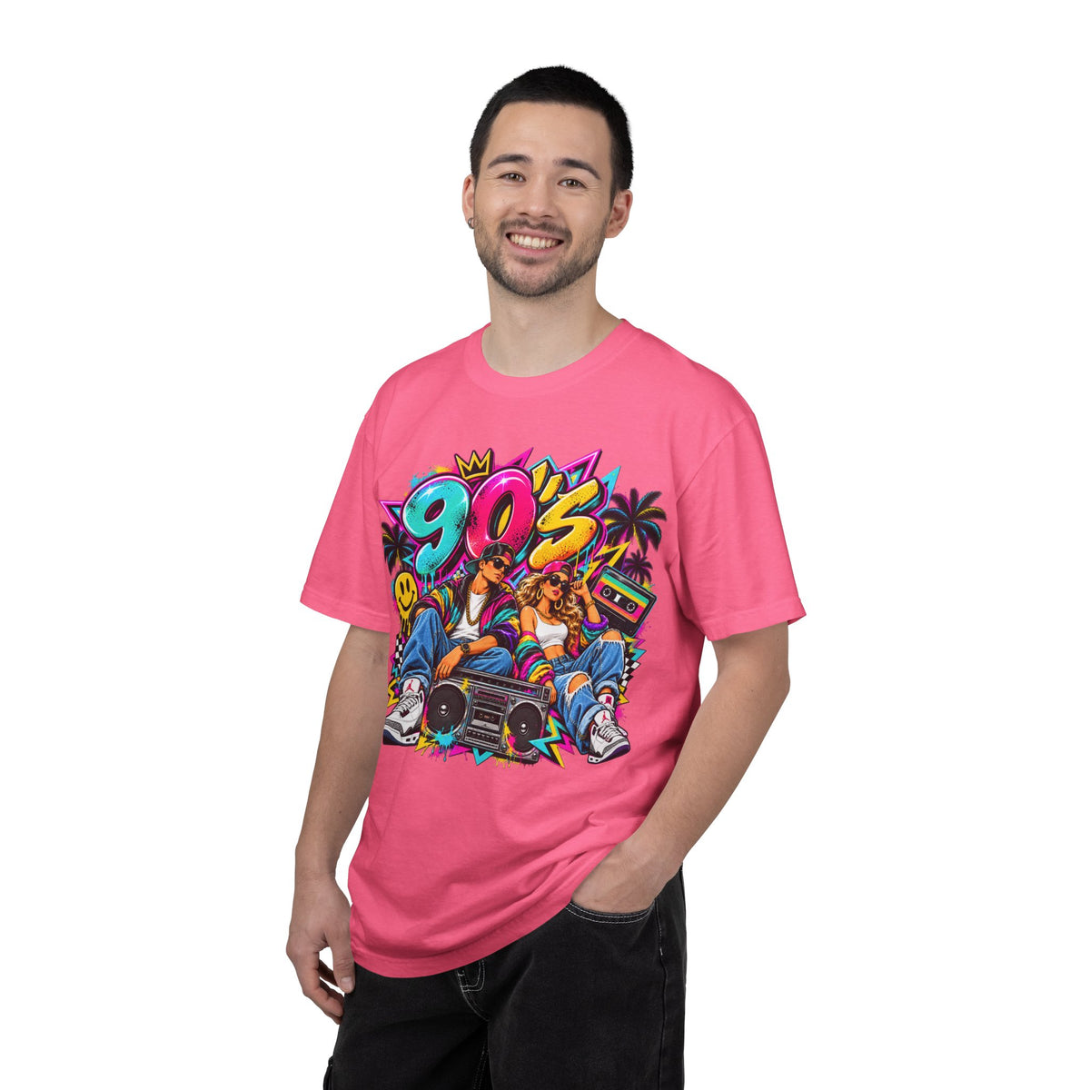 90s Retro Streetwear T-Shirt — Vintage Boombox & Neon Graffiti Design
