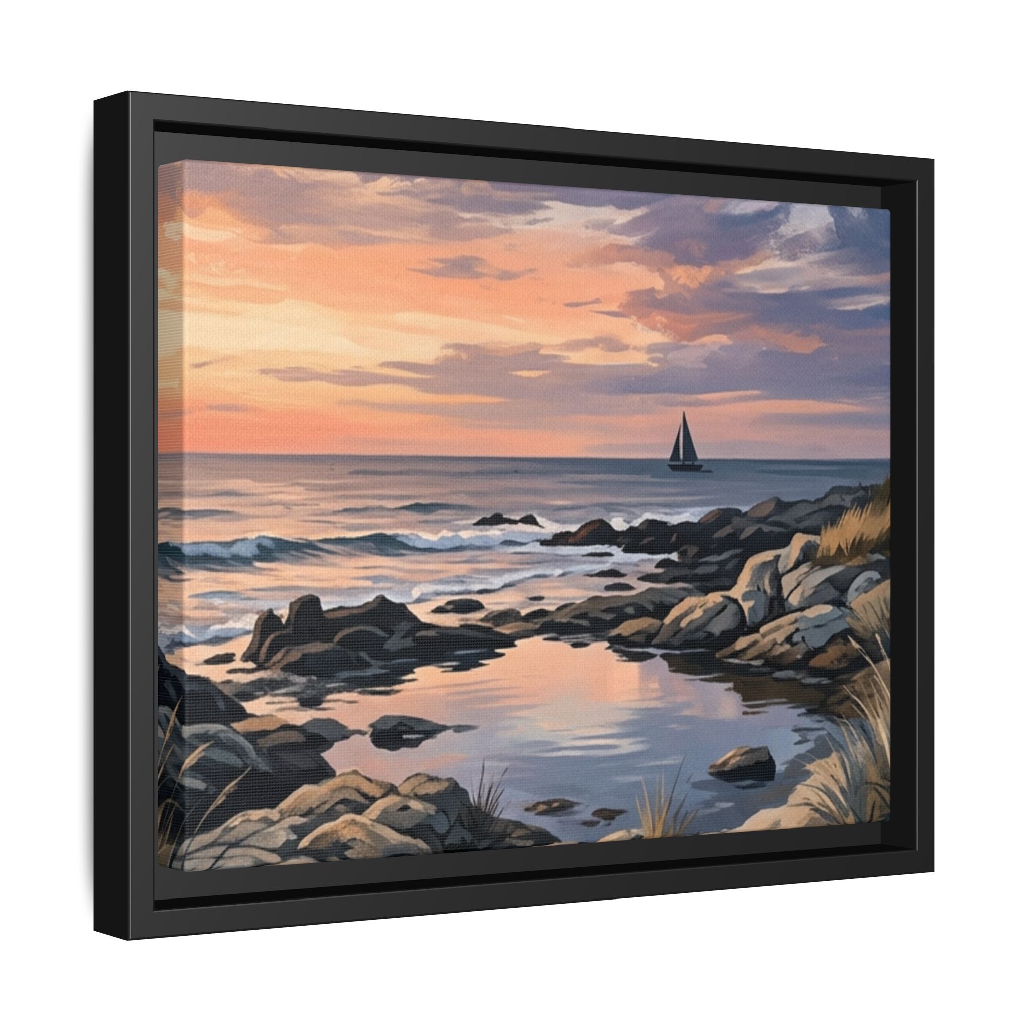 Framed Seaside Sunset Matte Canvas Print – Sailboat Coastal Wall Art