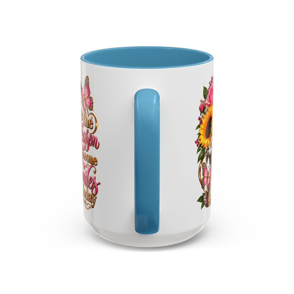 Be the Reason Someone Smiles Today Accent Coffee Mug – Floral Sunflower & Rose Inspirational 11/15oz