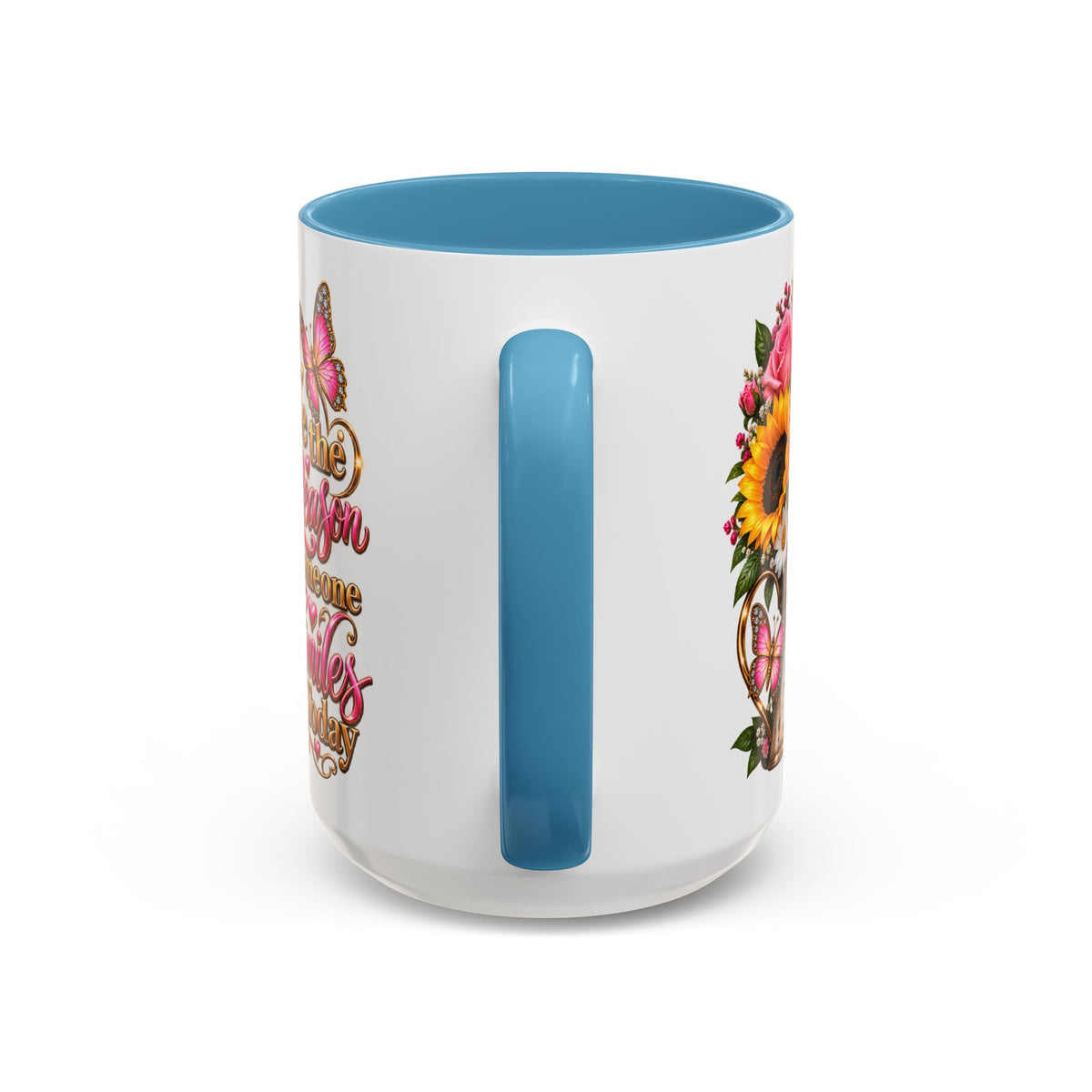 Be the Reason Someone Smiles Today Accent Coffee Mug – Floral Sunflower & Rose Inspirational 11/15oz
