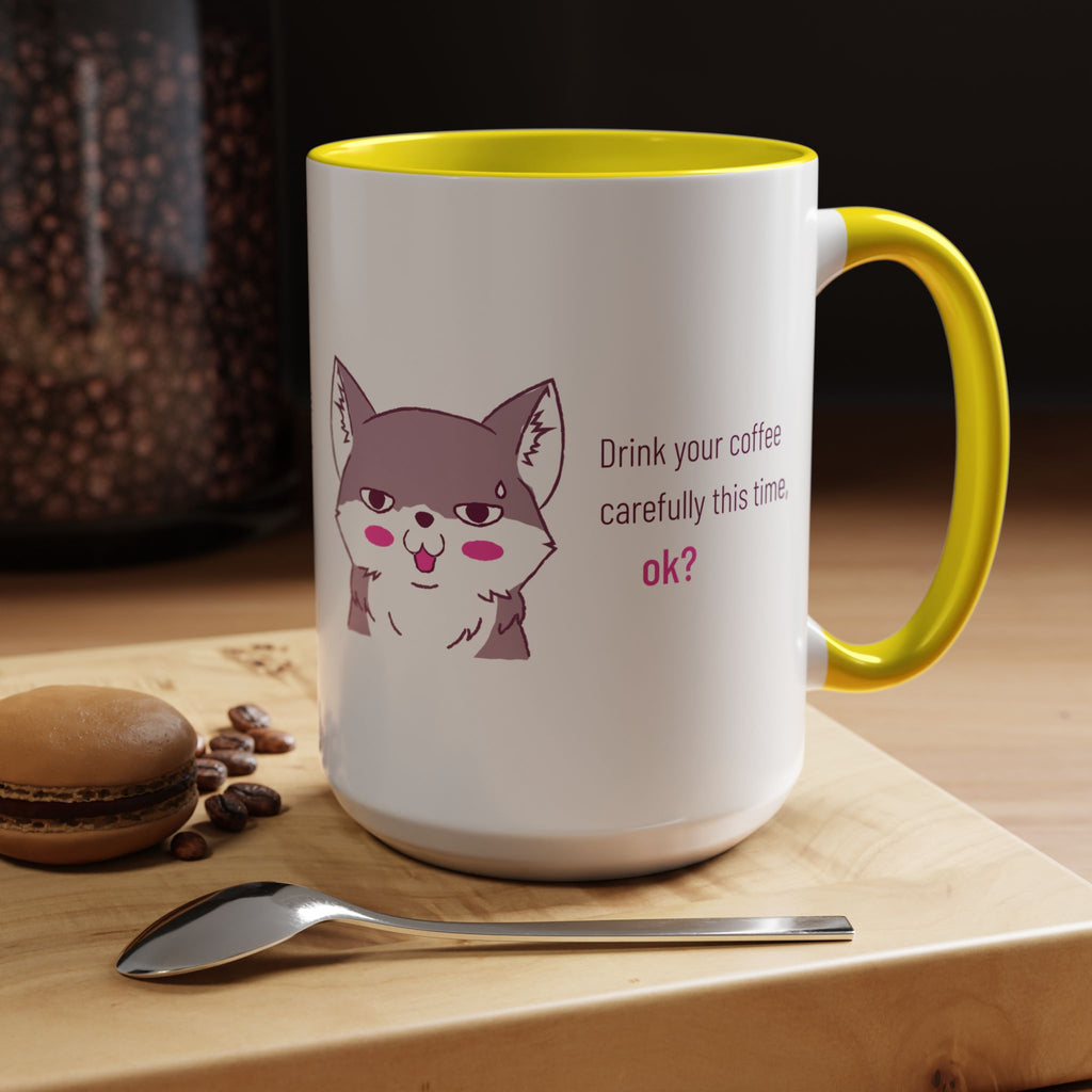 Accent Coffee Mug — Cute Shy Fox Design "Drink your coffee carefully this time, ok?"