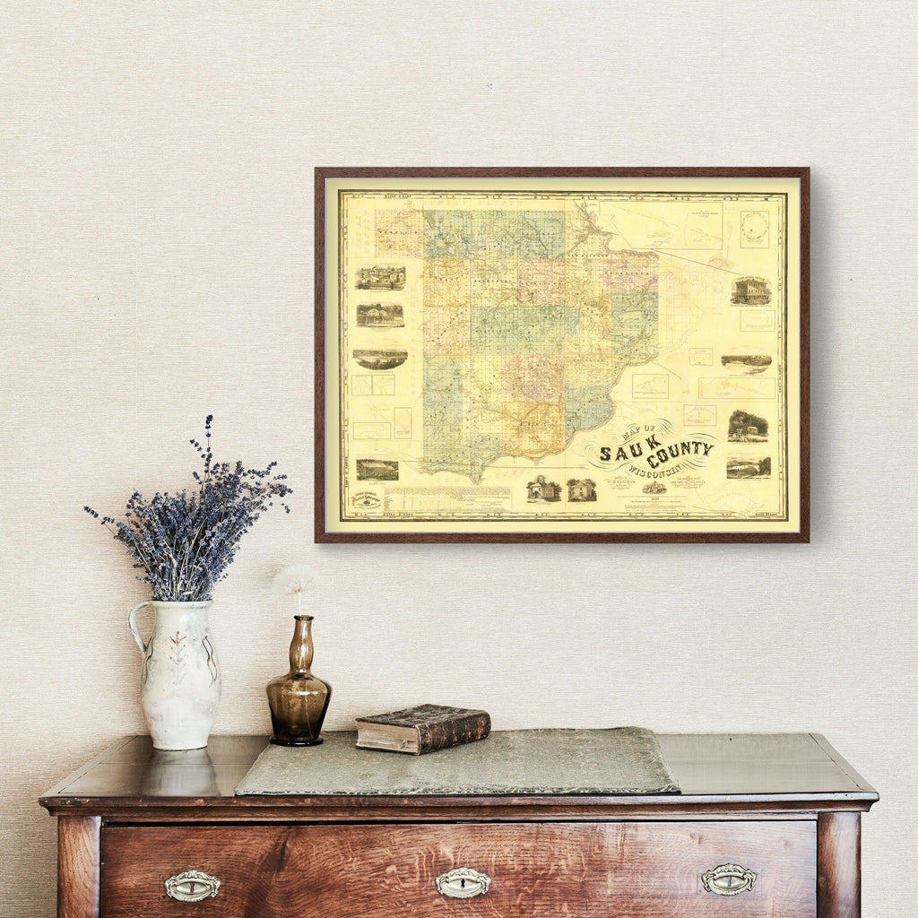 Vintage Map of Sauk County, Wisconsin 1859