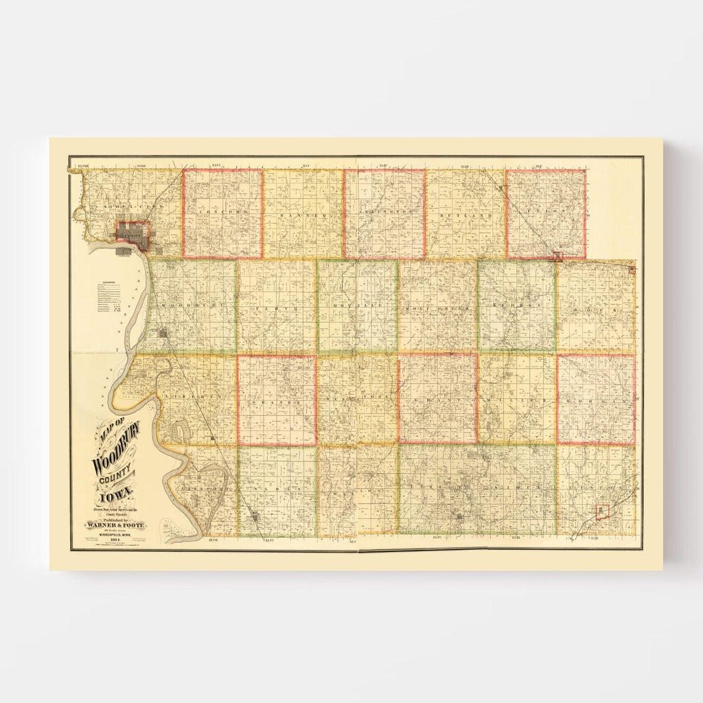 Vintage Map of Woodbury County, Iowa 1884