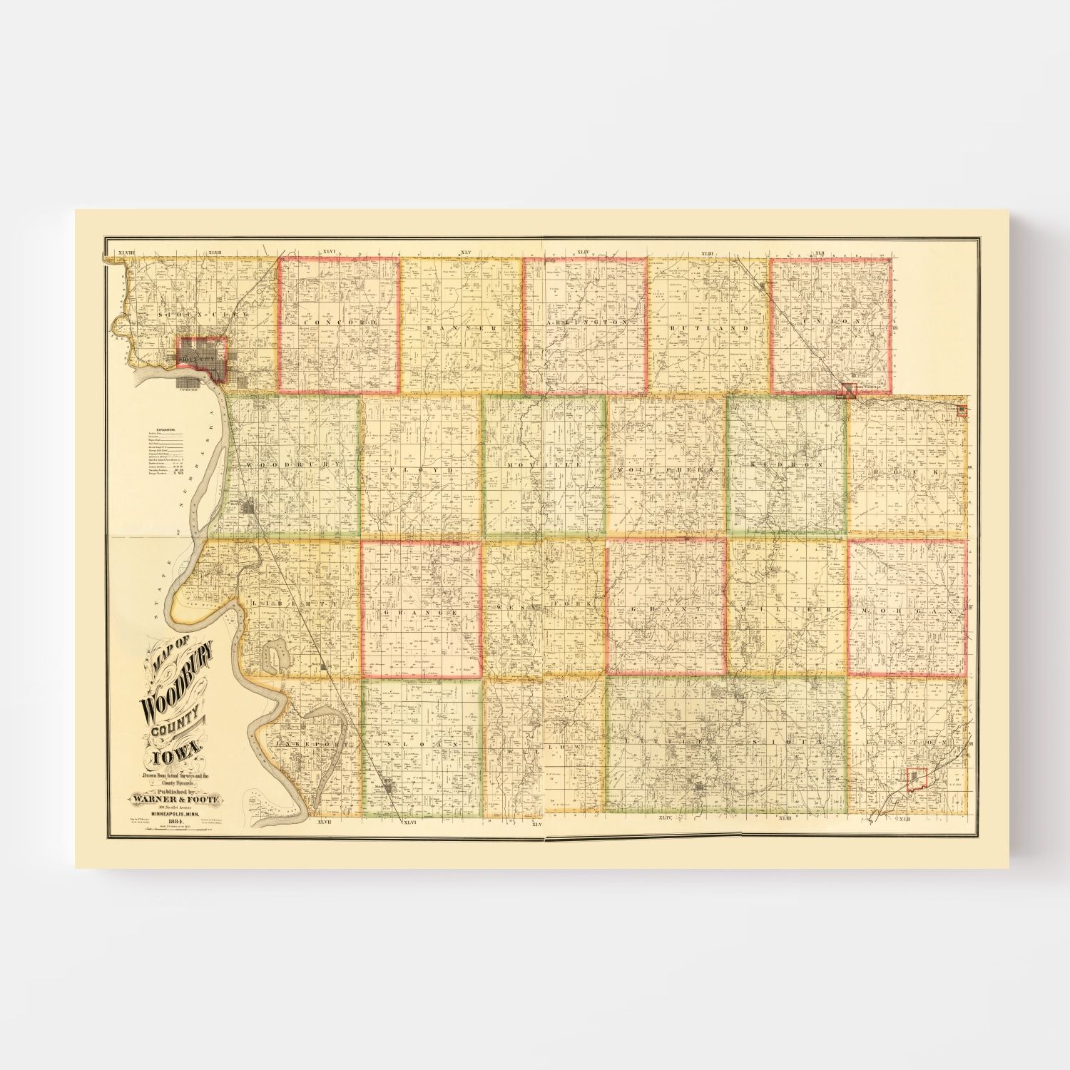 Vintage Map of Woodbury County, Iowa 1884