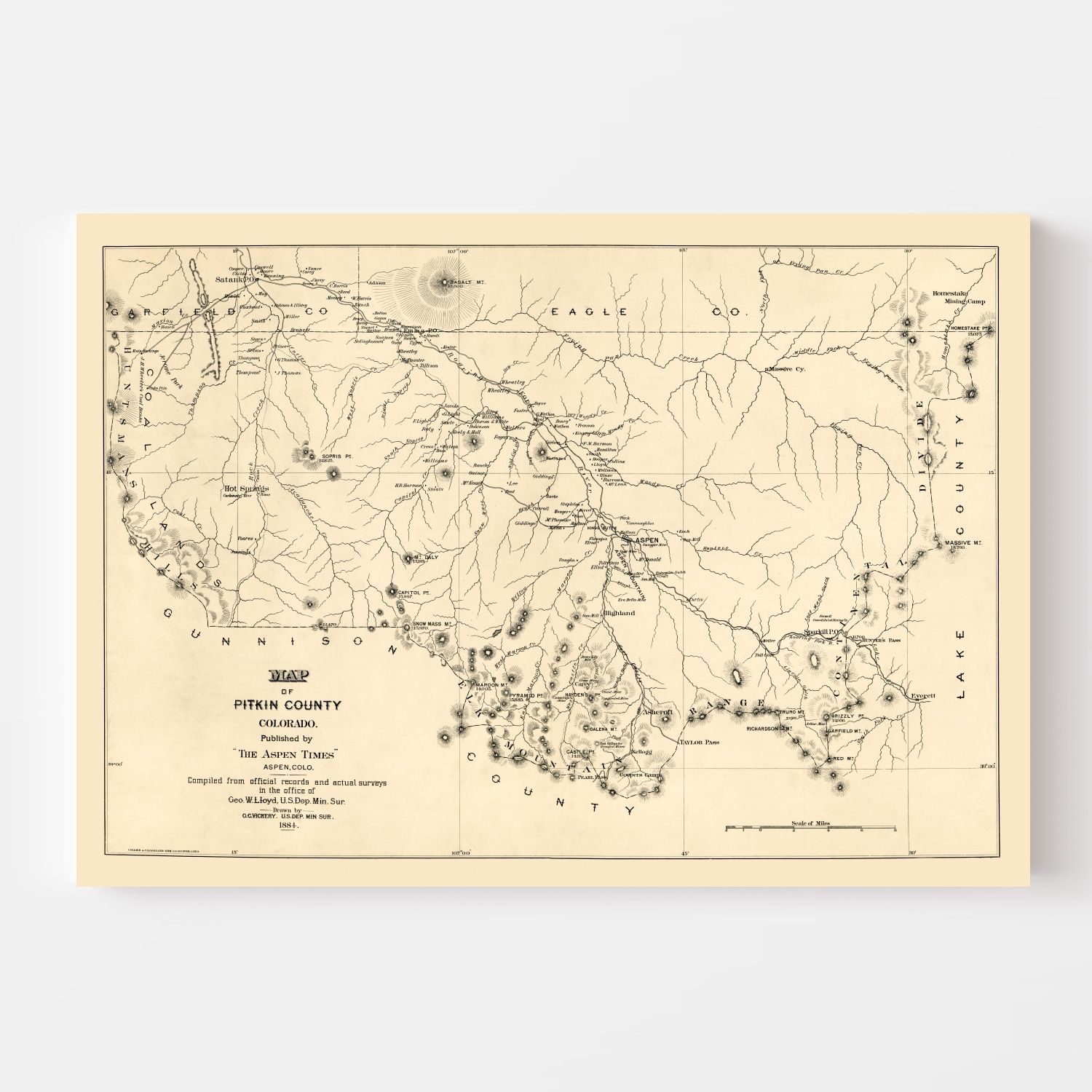 Vintage Map of Pitkin County, Colorado 1884